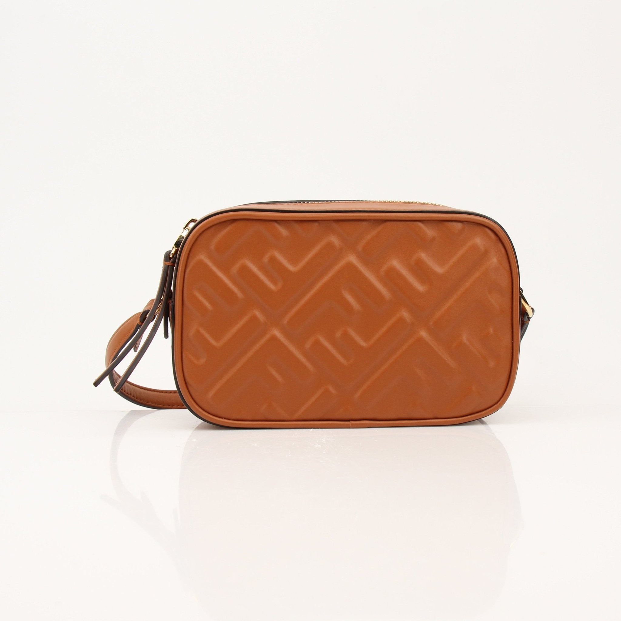 Fendi brown camera bag wallet with gold accents, compact design, and textured leather, showcasing luxury craftsmanship.