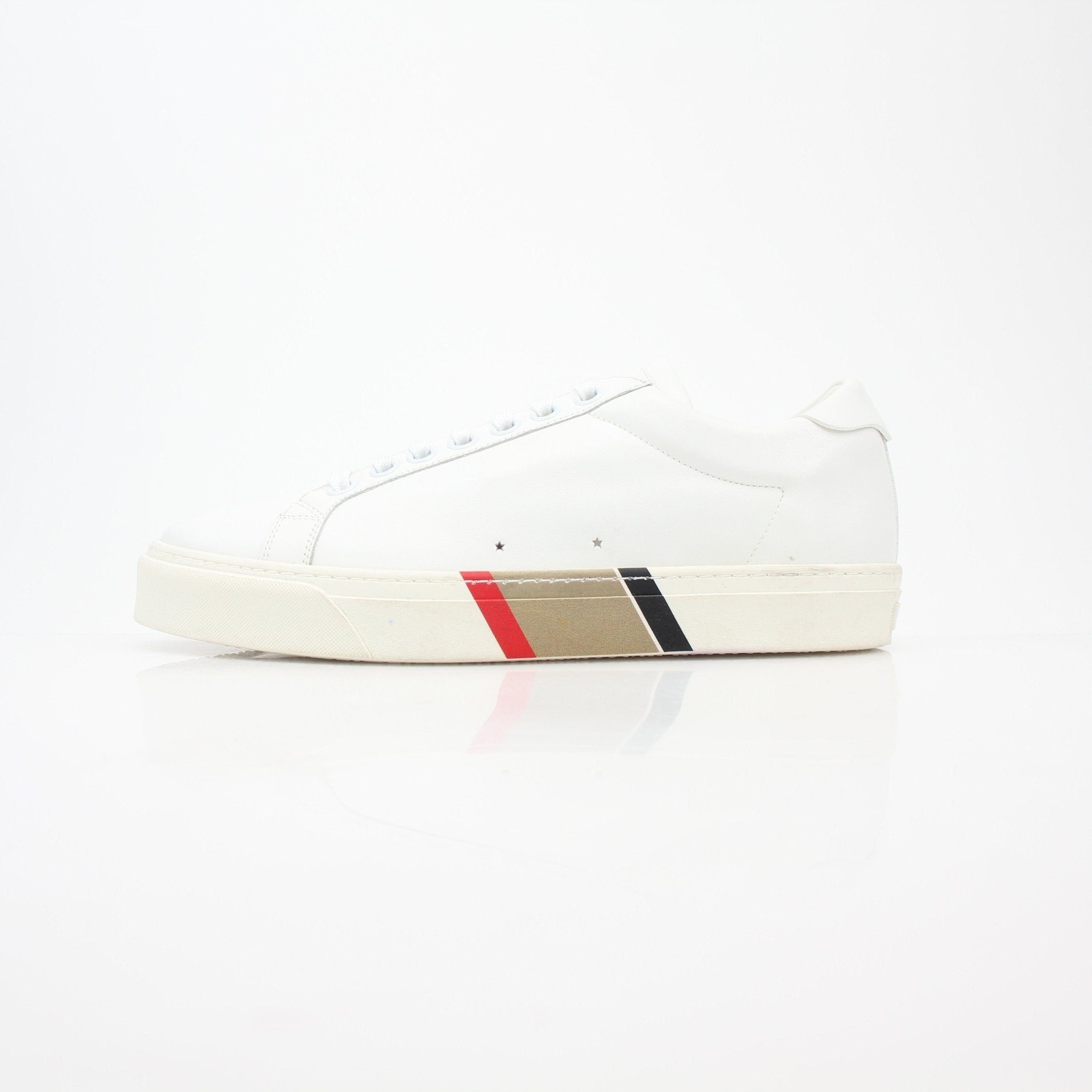Gold & Beyond Burberry white Rangleton low-top sneakers with clean design and white laces, showcasing a casual shoe style.