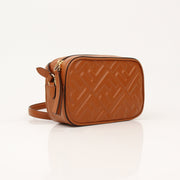 Gold & Beyond brown Fendi camera bag wallet with gold accents, featuring a compact design and textured leather finish.