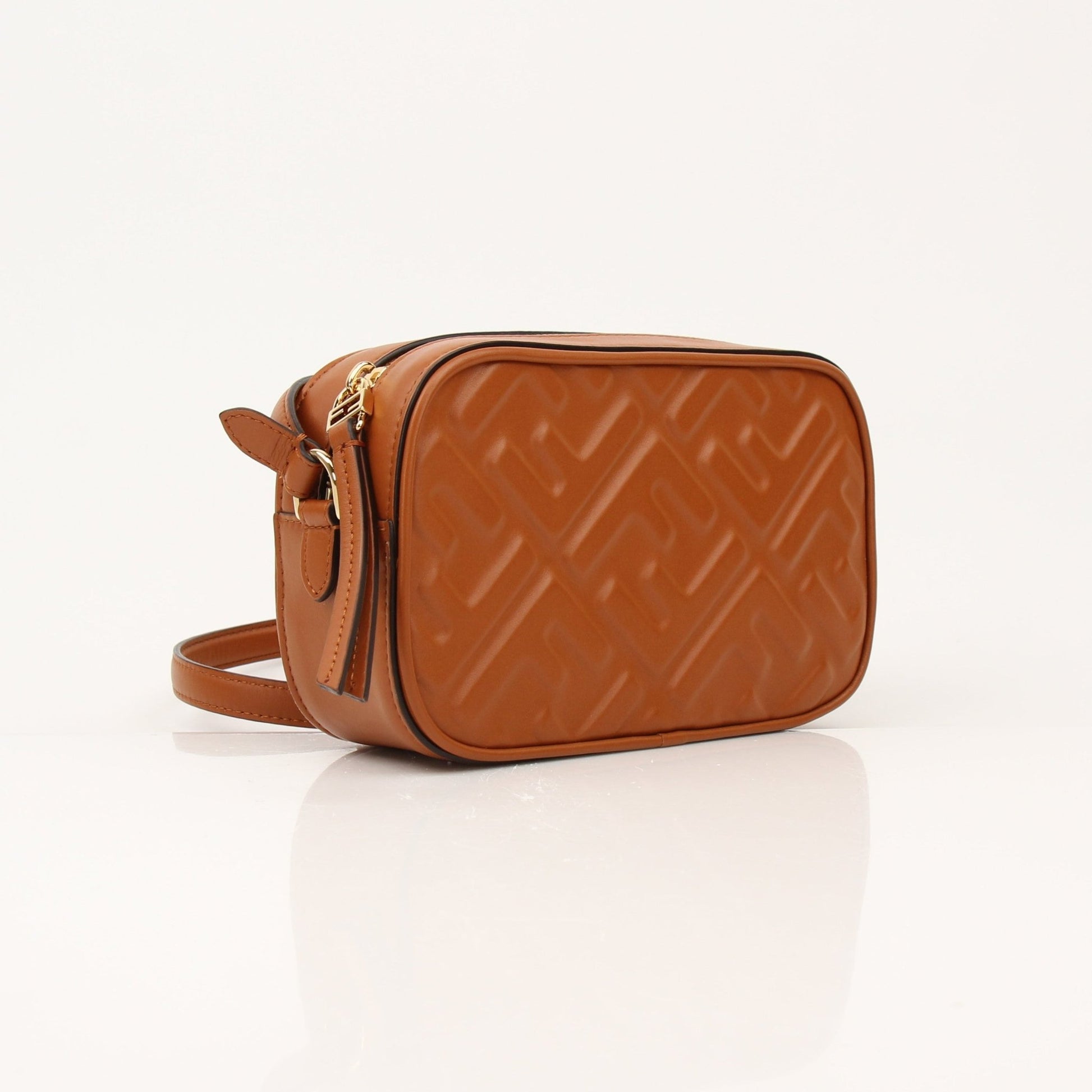 Gold & Beyond brown Fendi camera bag wallet with gold accents, featuring a compact design and textured leather finish.