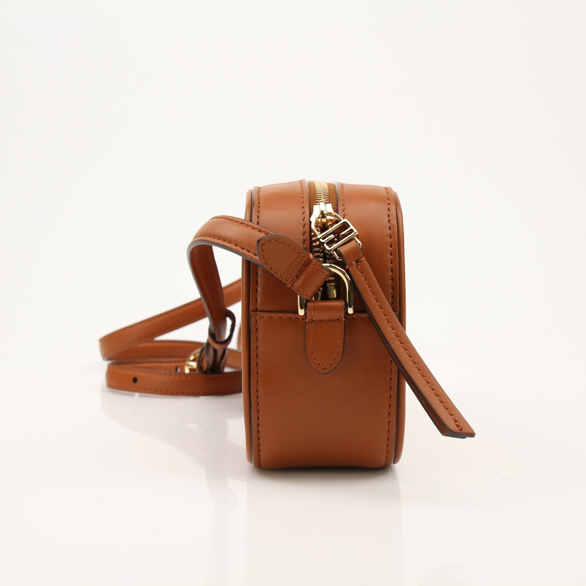 Brown Fendi camera bag wallet by Gold & Beyond featuring a compact, stylish design with textured leather and gold-tone accents.