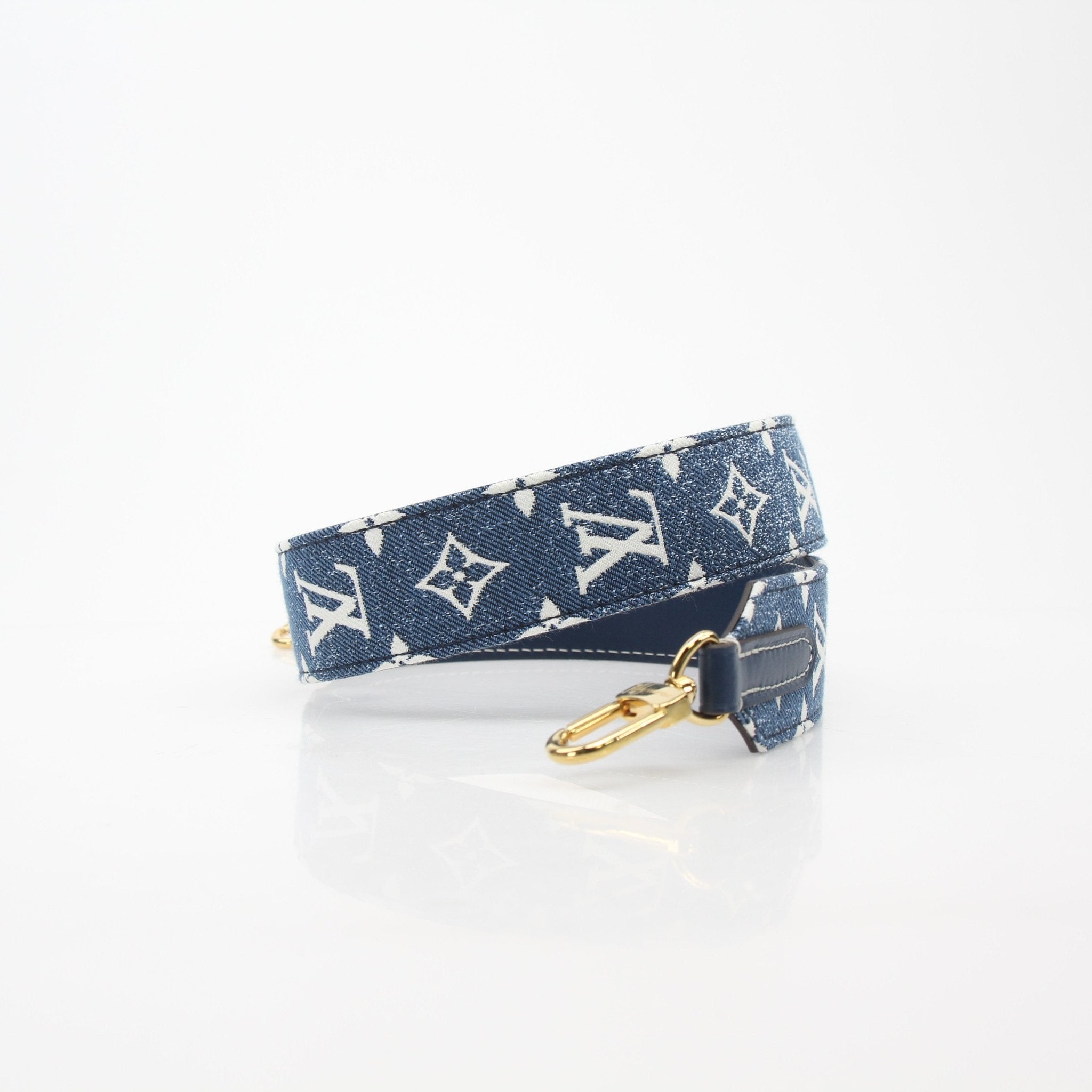 Louis Vuitton blue denim Jacquard Bandoulière shoulder strap with gold hardware, accessory for handbags, by Gold & Beyond