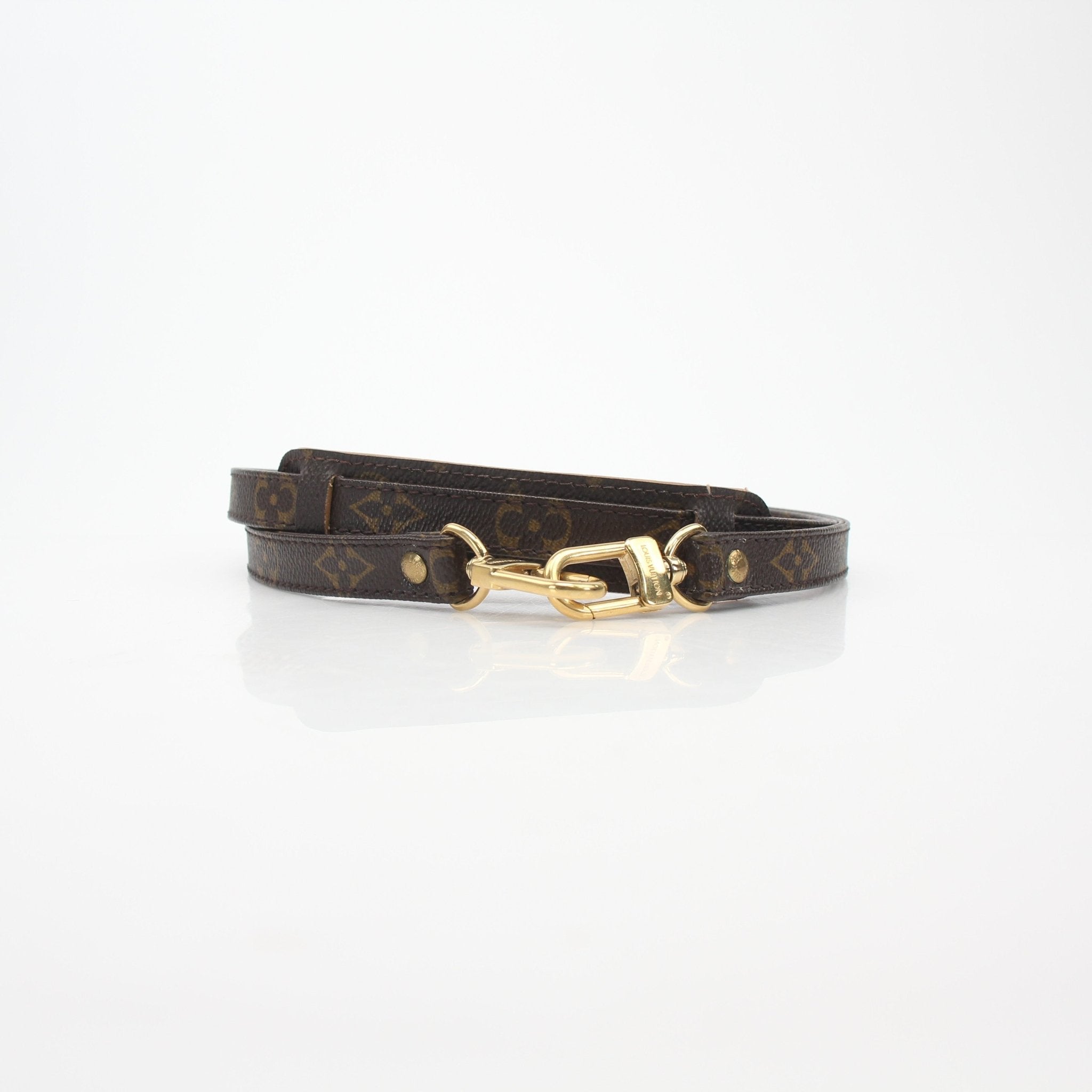 Louis Vuitton Monogram adjustable shoulder strap for accessories, featuring gold hardware and signature monogram pattern.