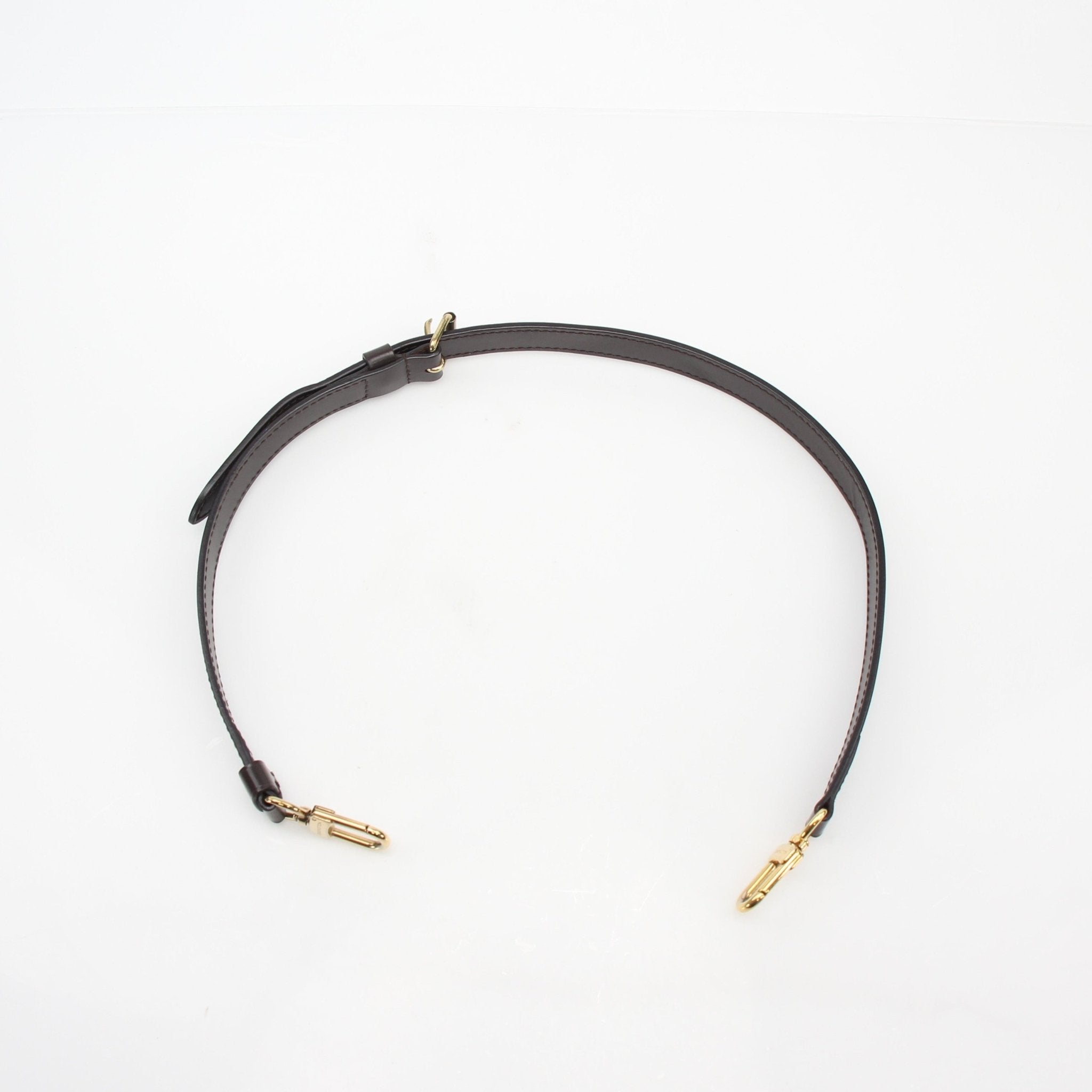 Louis Vuitton brown leather adjustable shoulder strap, luxury accessories for handbags, with gold hardware details.