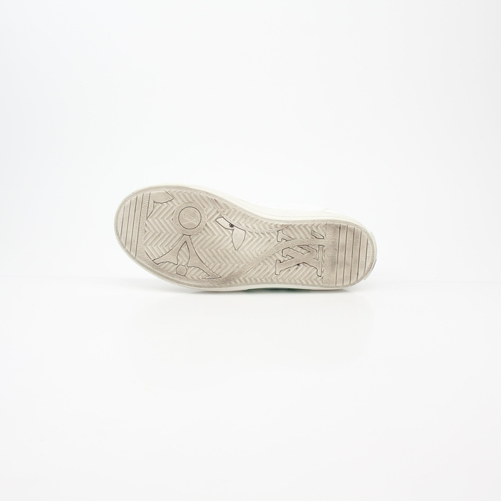 Louis Vuitton white and green Charlie low-top sneakers with gold accents, casual shoes for men and women.