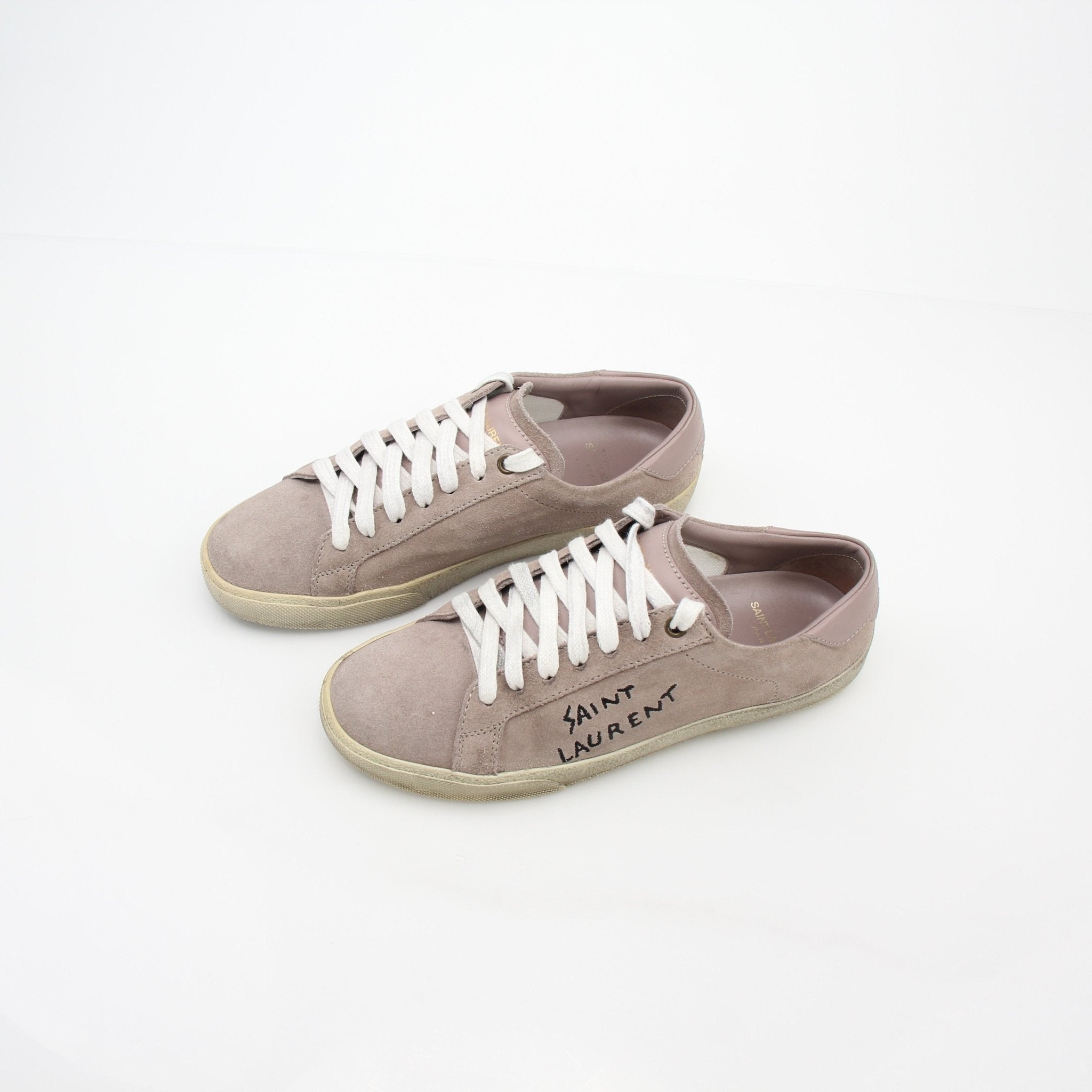 Pink suede Saint Laurent Court Classic low-top sneakers by Gold & Beyond, showcasing stylish shoes with clean design and white soles.