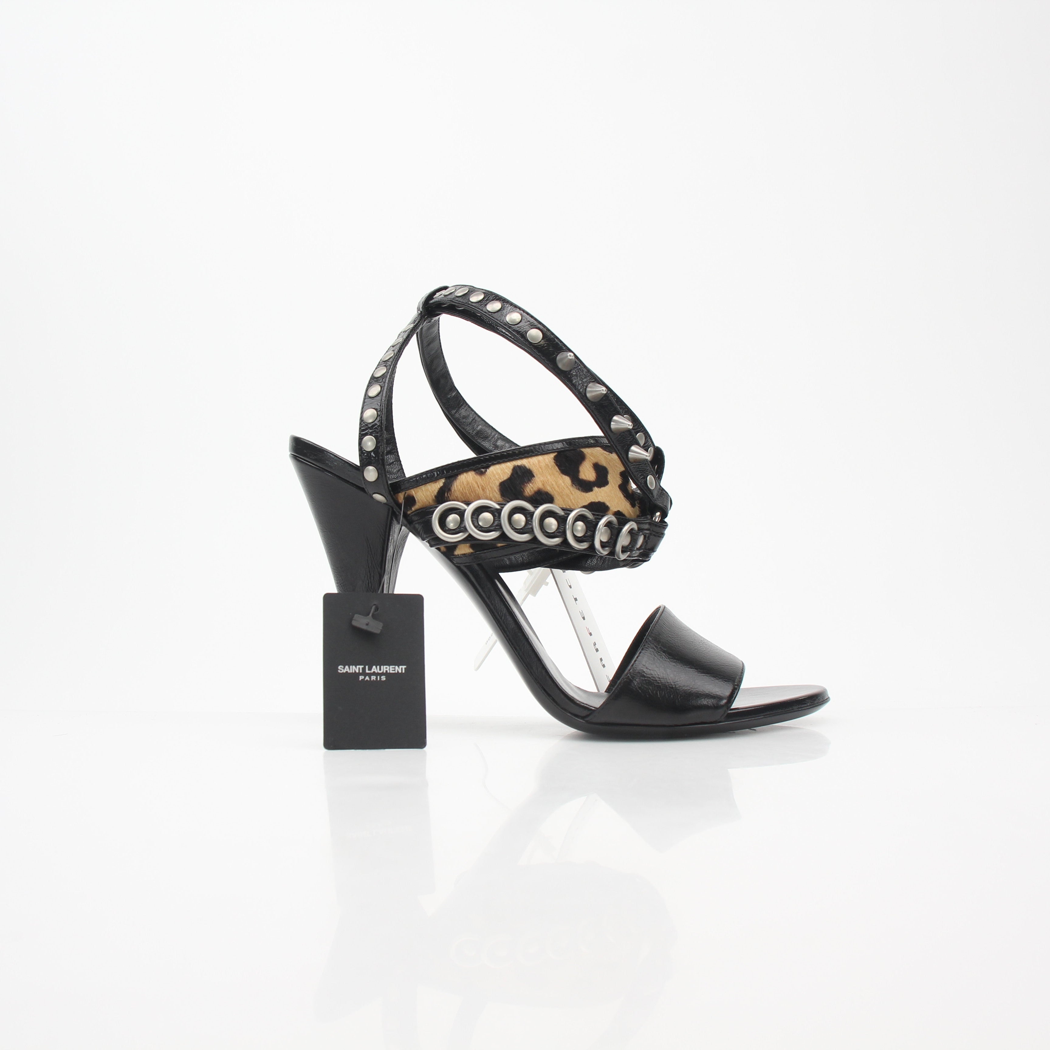 Saint Laurent Black Studded Leopard-Print High-Heel Sandals