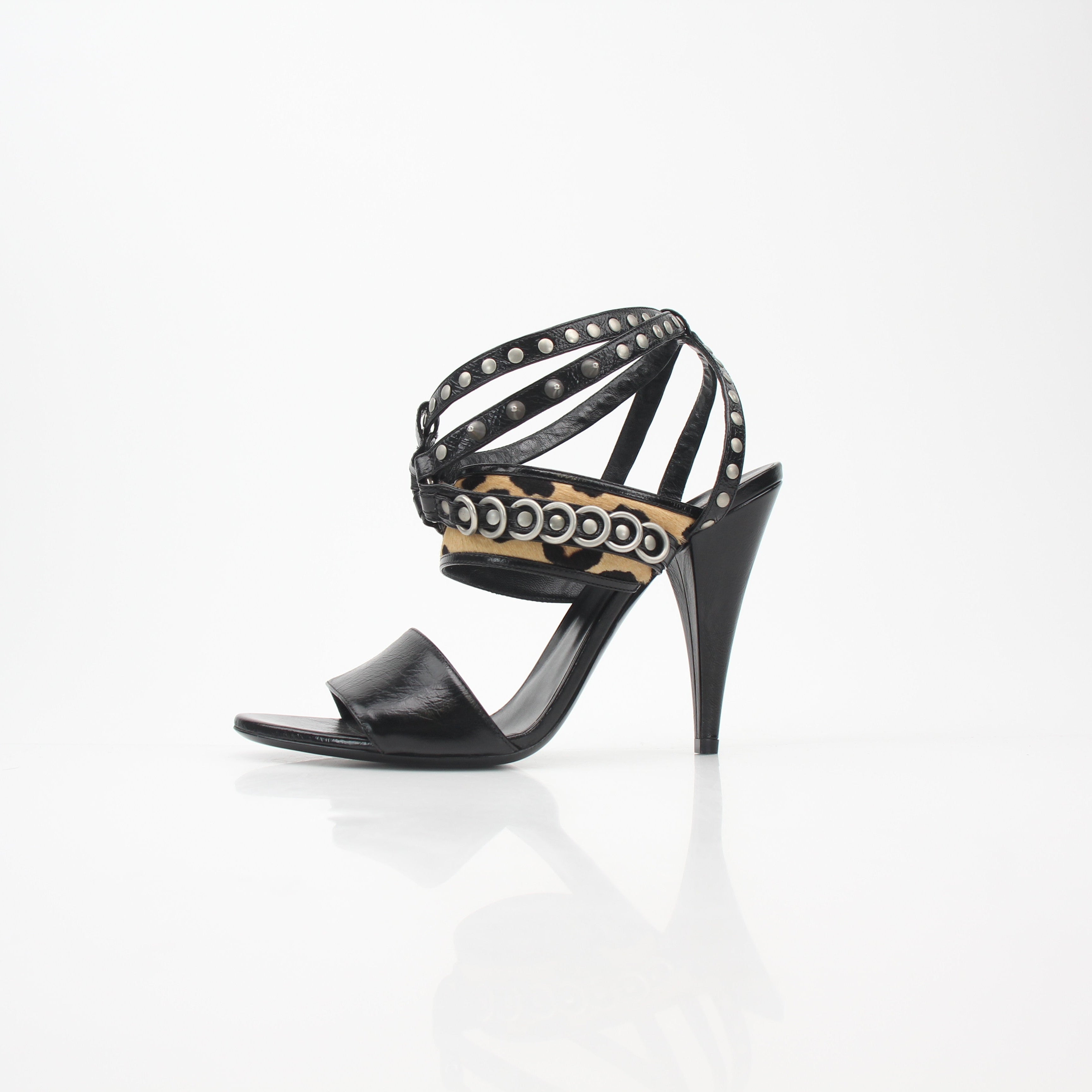 Saint Laurent Black Studded Leopard-Print High-Heel Sandals
