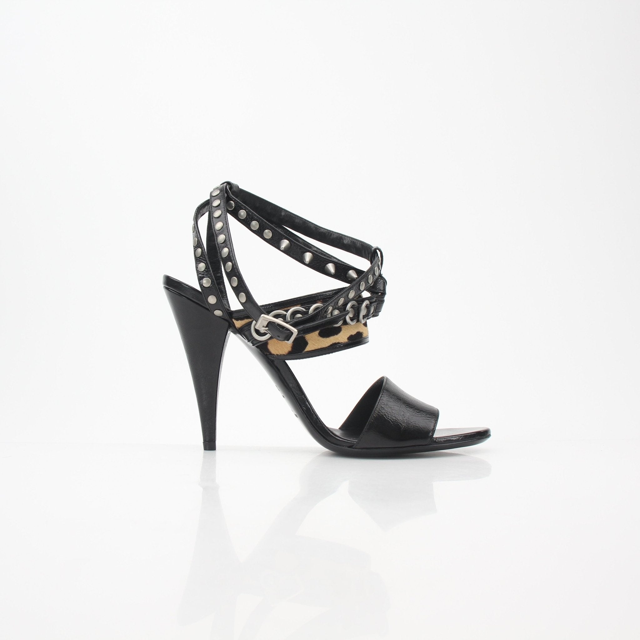 Gold & Beyond Saint Laurent black studded leopard-print high-heel sandals with strappy design and pointed toes.
