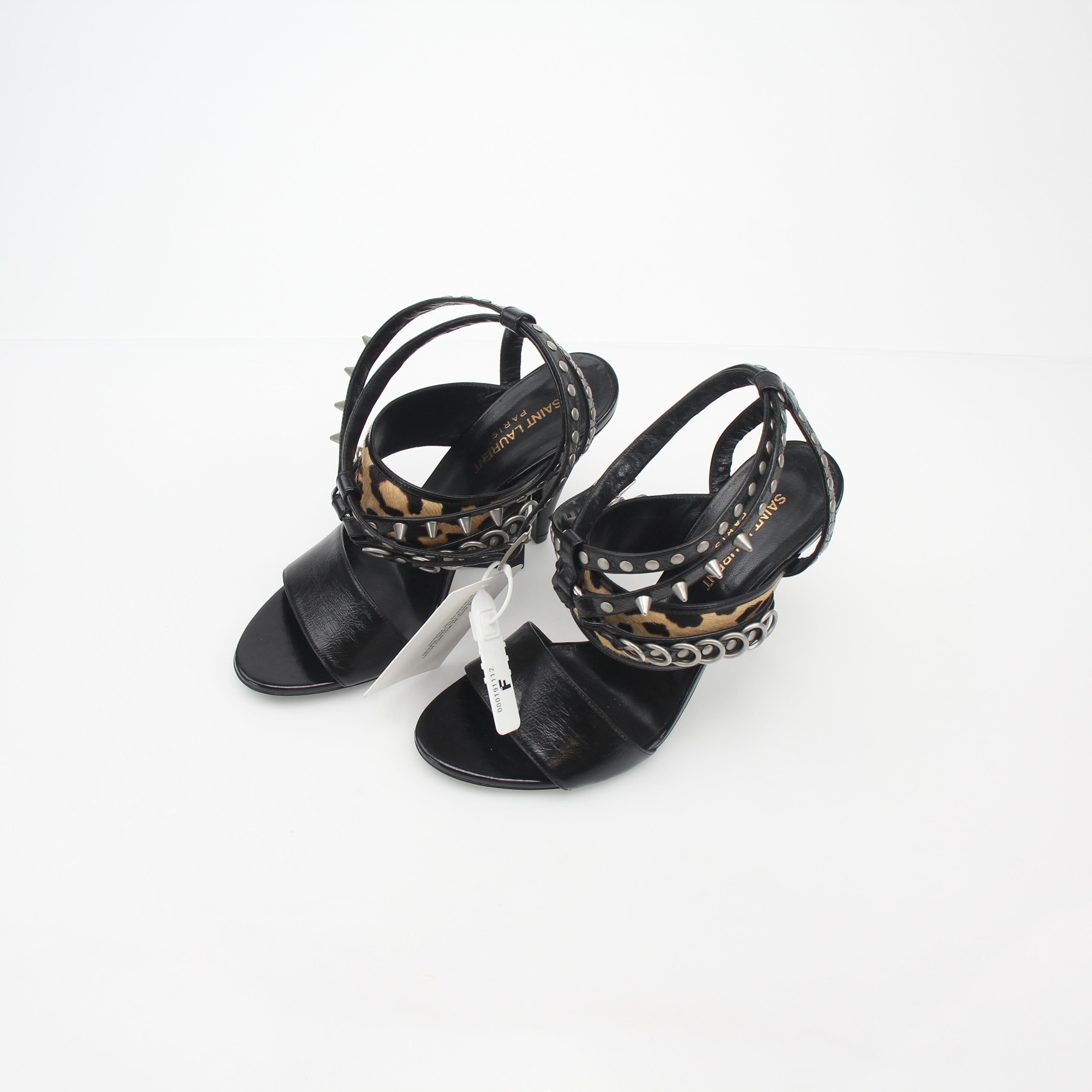 Saint Laurent Black Studded Leopard-Print High-Heel Sandals