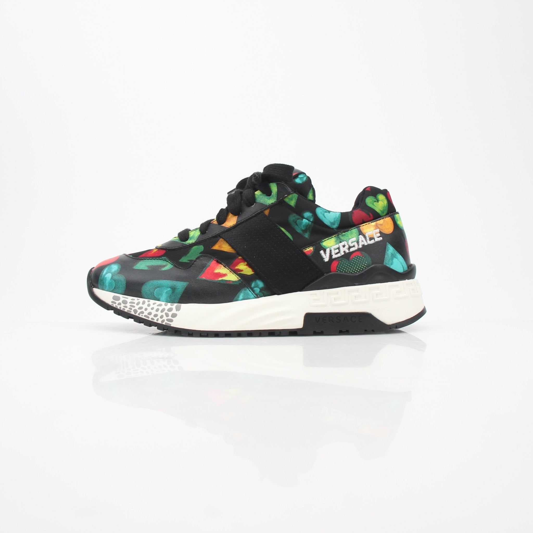 Gold & Beyond Versace multicolor heart-print Achilles low-top sneakers with stylish design and vibrant pattern.