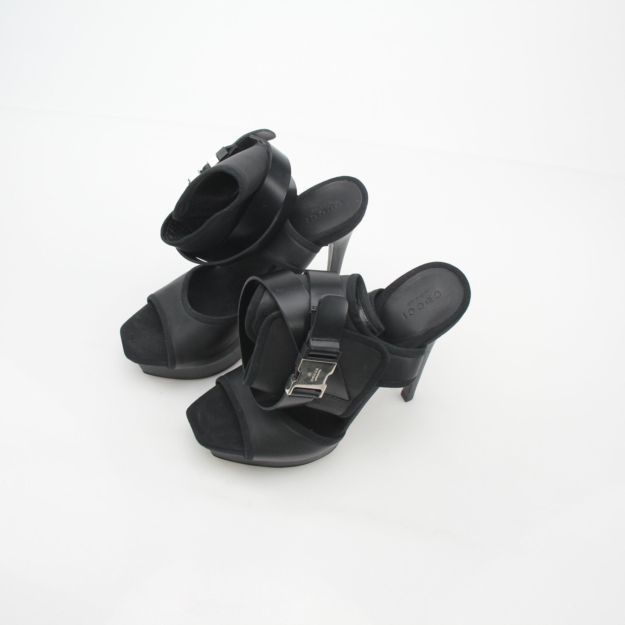 Gucci Black Babylon Platform Sandals heels with thick platform and strap details, stylish designer footwear for women