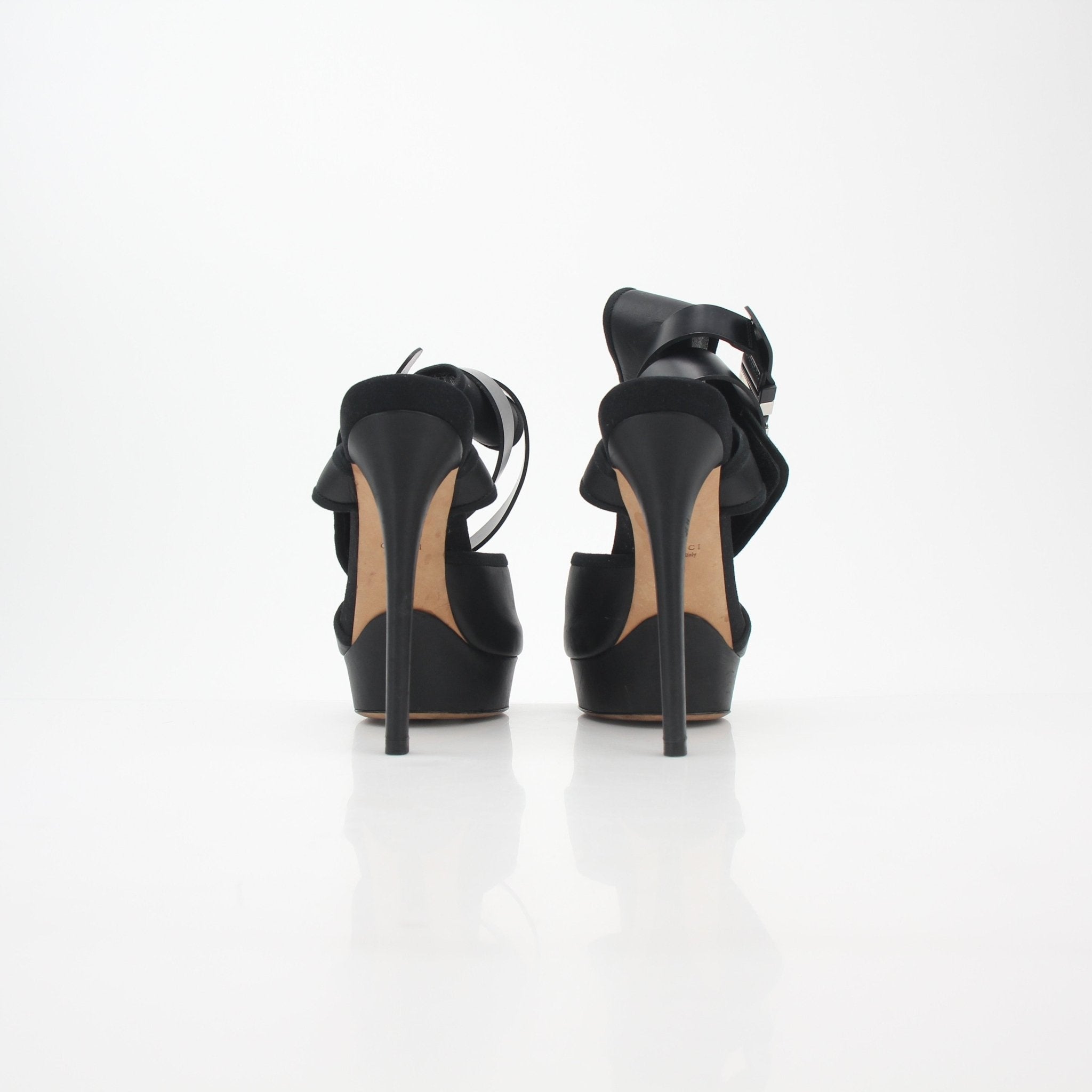 Gucci Black Babylon Platform Heels with chunky heel and strappy design, showcasing luxury footwear style.