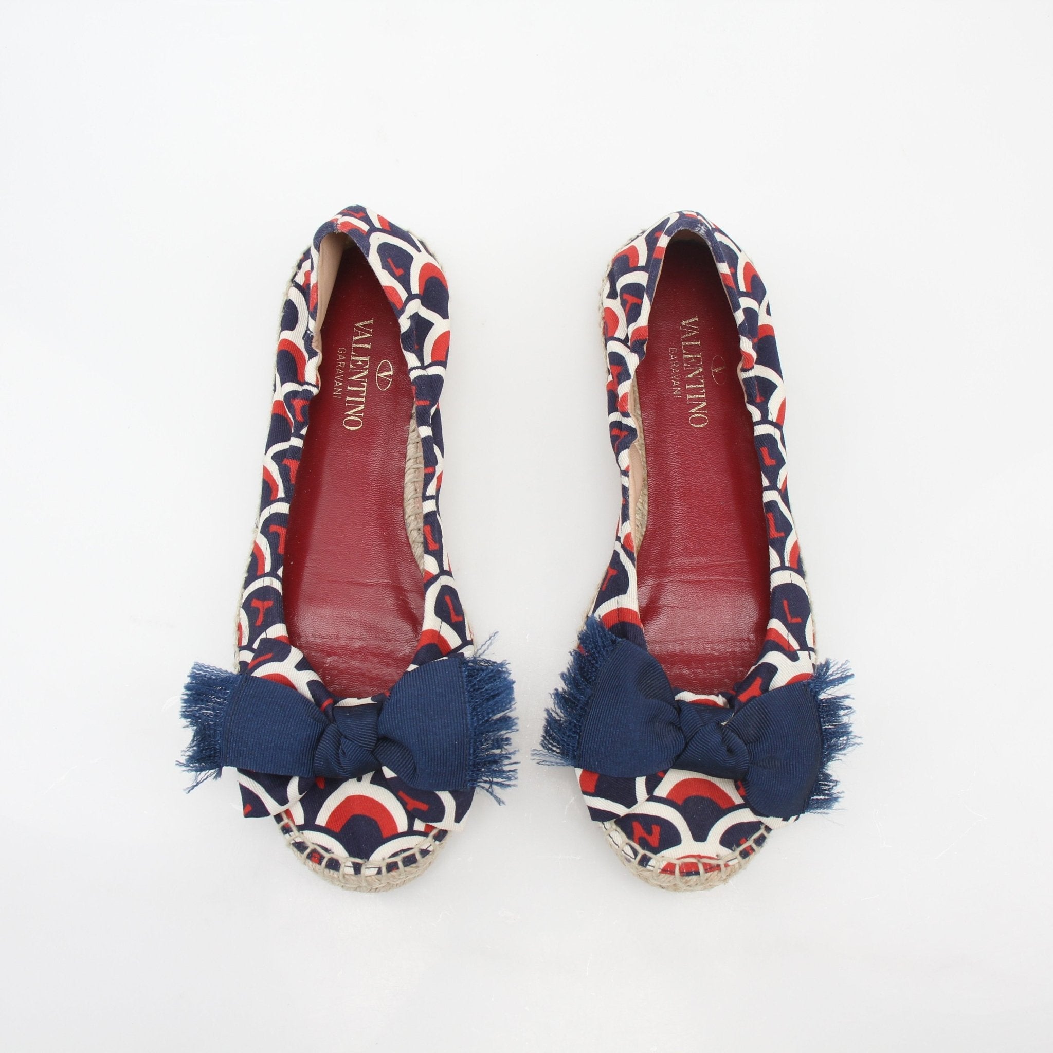 Valentino Garavani navy bow ballerina espadrille flats with woven jute sole and elegant bow detail, casual and stylish shoes.