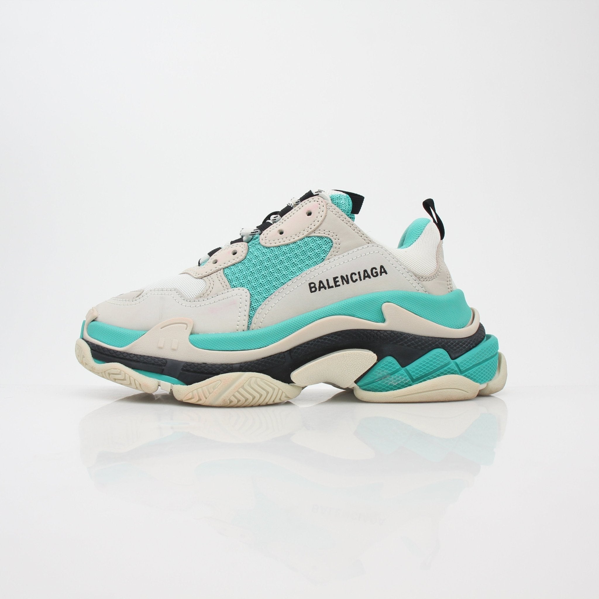 Turquoise Balenciaga Triple S Low-Top Sneakers in shoes style with chunky design and textured sole, by Gold & Beyond.