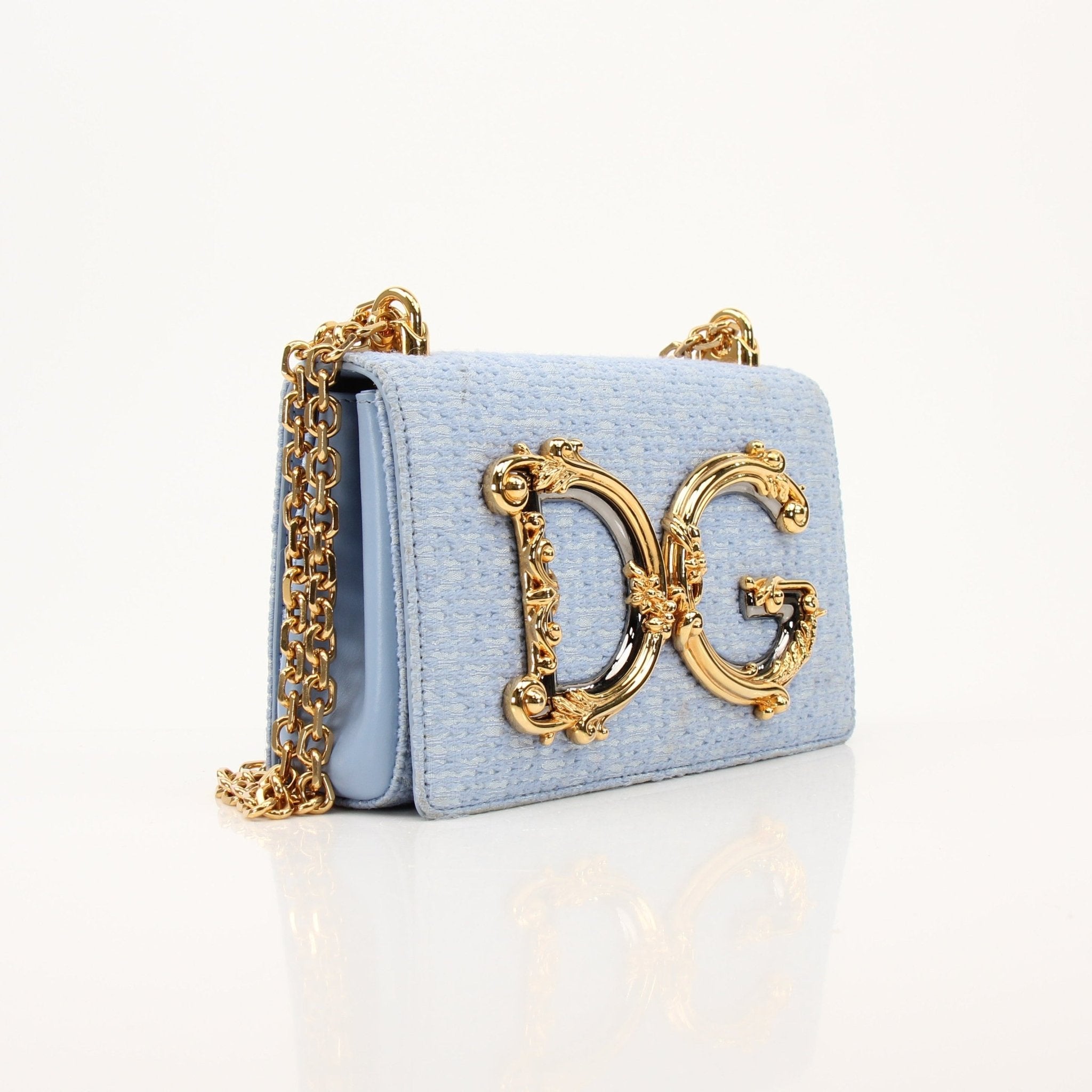 Light blue Dolce Gabbana DG Girl shoulder handbag with tweed fabric, stylish and elegant, perfect for chic casual or formal outfits.