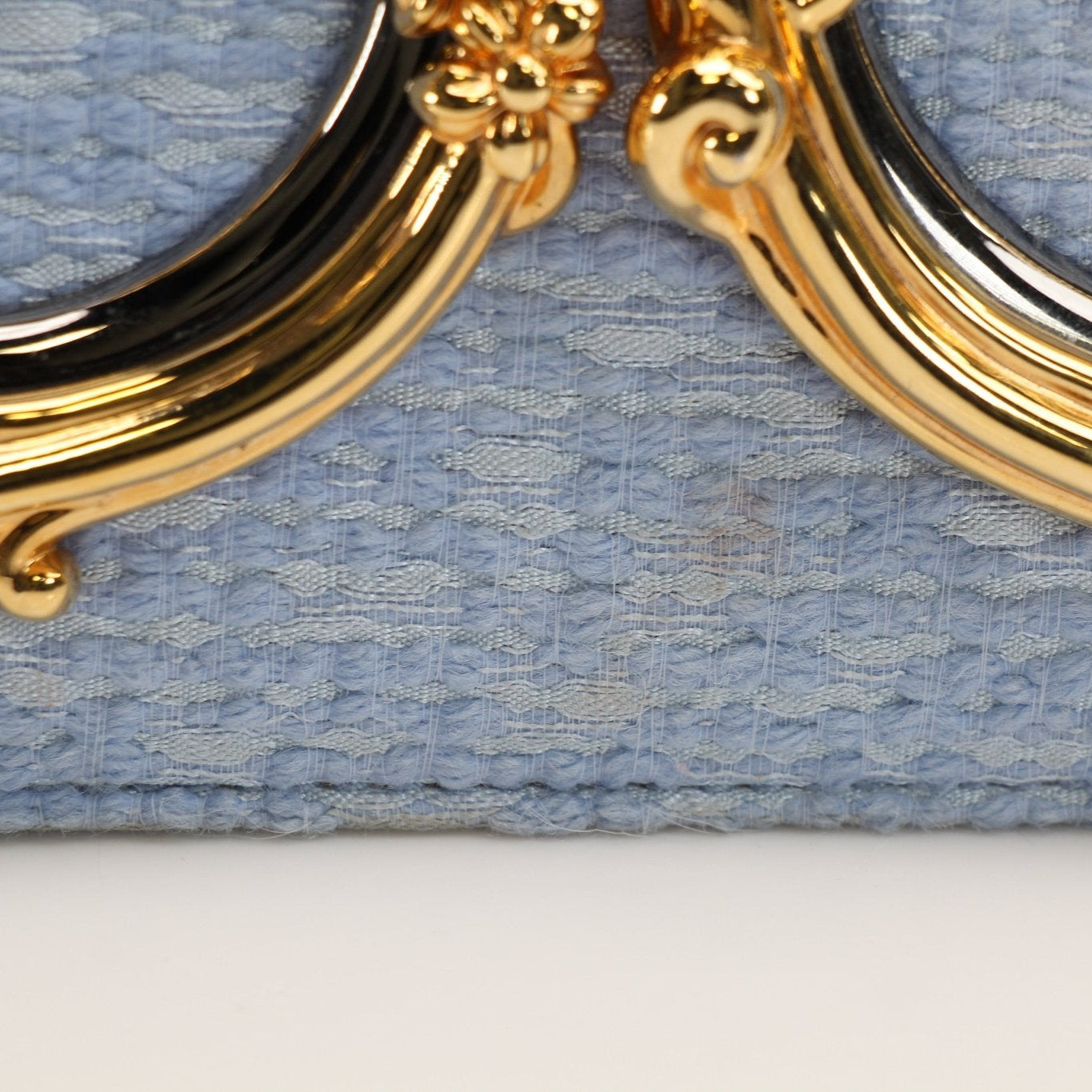 Light blue Dolce Gabbana DG Girl shoulder handbag with textured tweed fabric, stylish and elegant, crafted by Gold & Beyond.