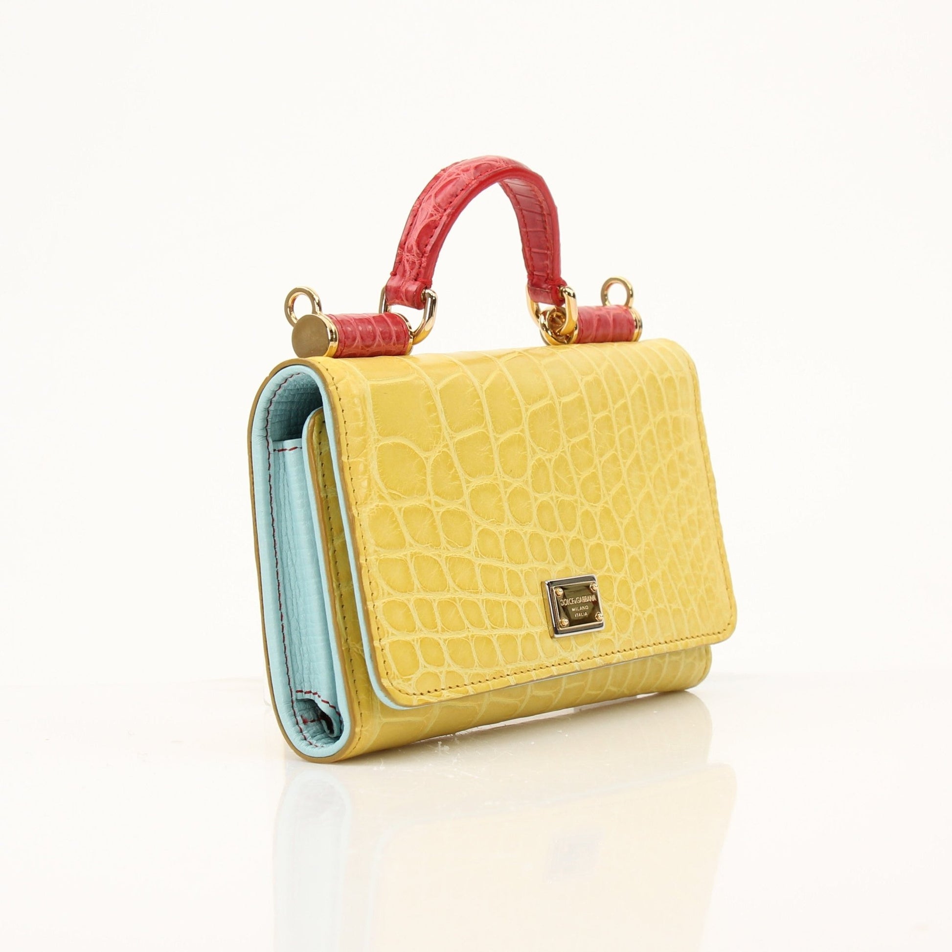 Yellow leather Dolce & Gabbana Von Mini Sicily handbag with gold hardware, featuring a structured design and top handle.