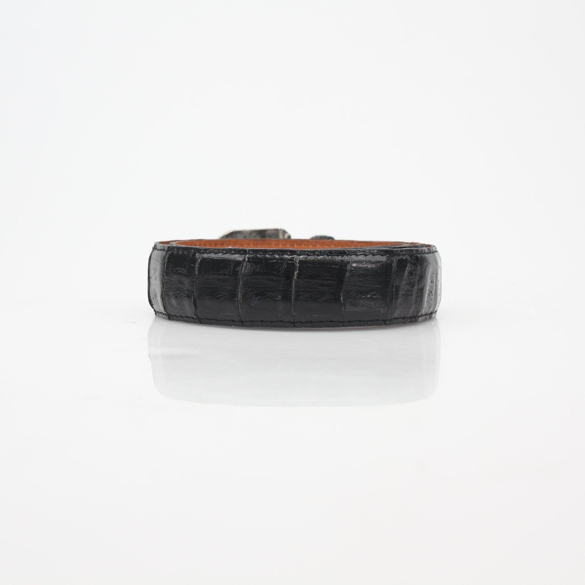 Black Christian Dior genuine alligator belt with gold buckle, classic designer accessories for men's or women's fashion.