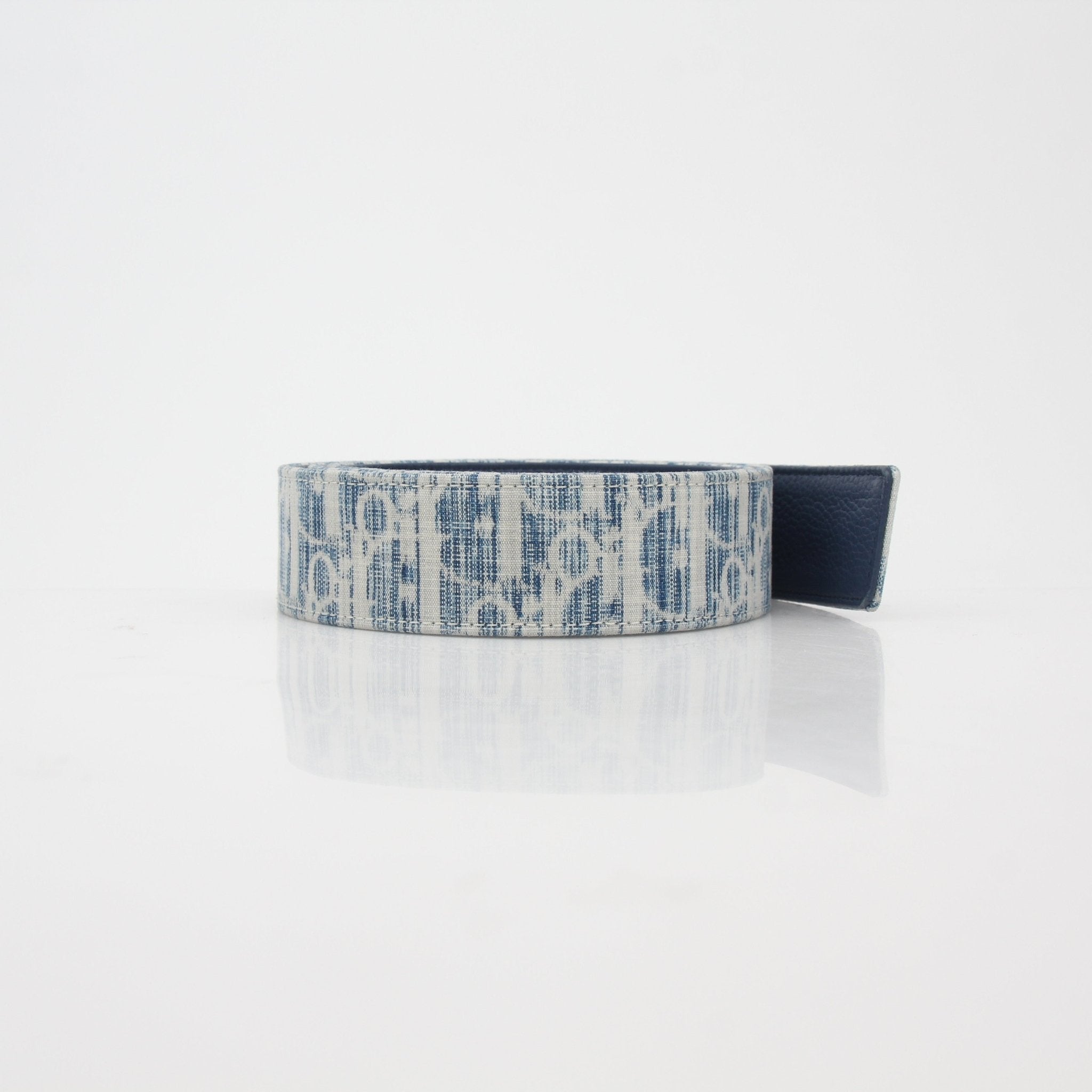 Christian Dior Blue Oblique denim reversible belt strap for accessories, featuring Montaigne 30 design with gold hardware.