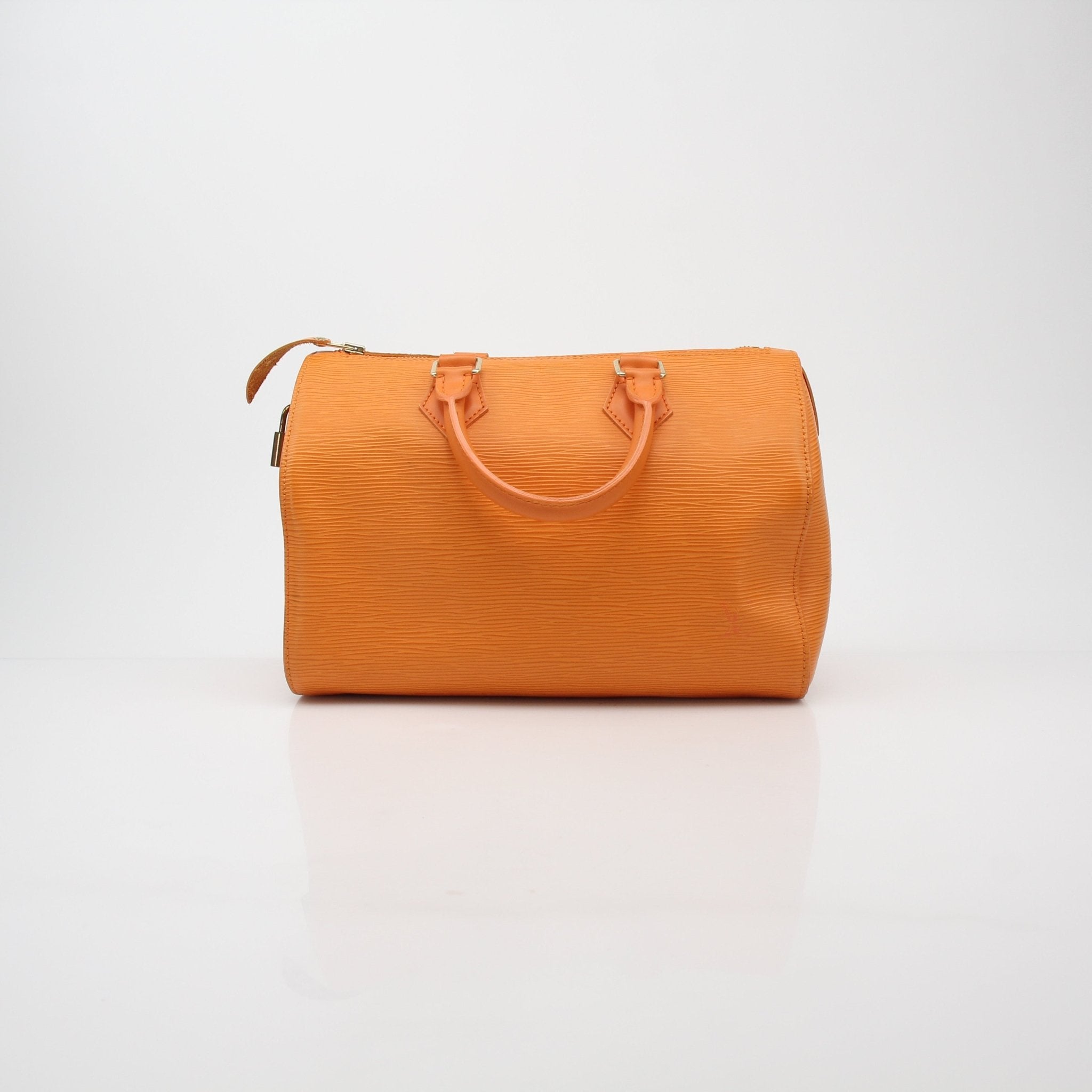Orange Louis Vuitton Epi leather Speedy 30 Boston handbag with gold-tone hardware and structured top handles.