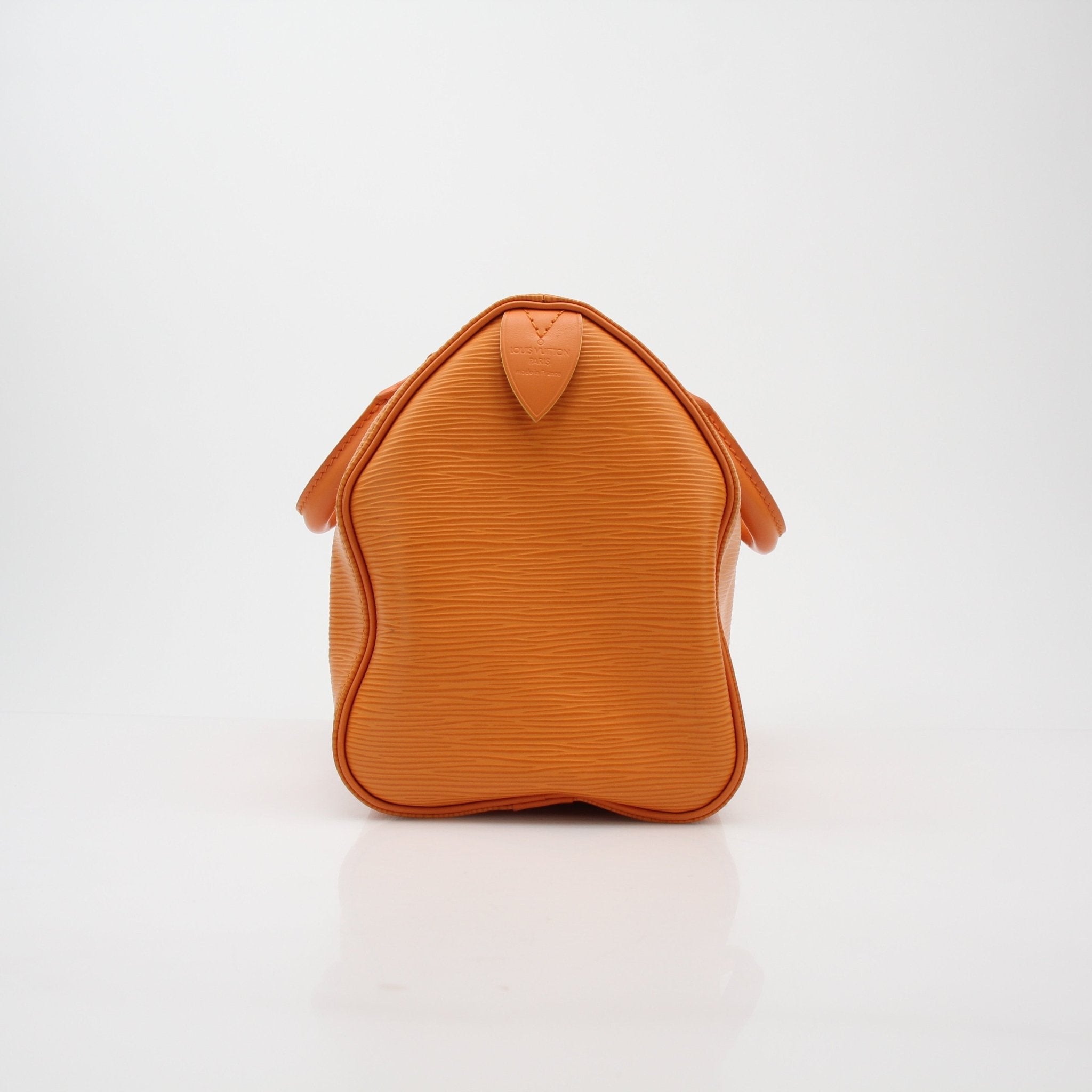 Louis Vuitton orange Epi leather Speedy 30 Boston handbag with gold-tone hardware, featuring structured design and top handles.