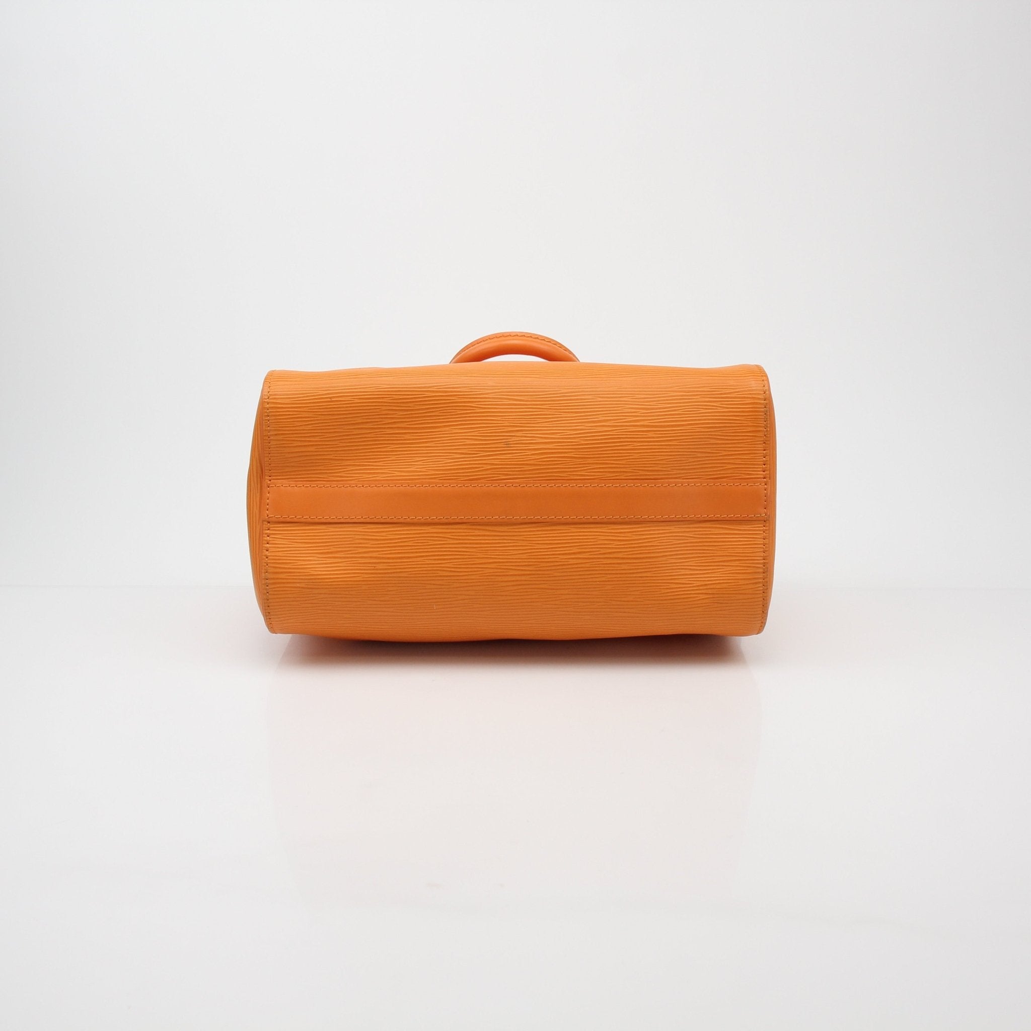 Louis Vuitton orange Epi leather Speedy 30 Boston handbag with gold hardware and rounded top handles.