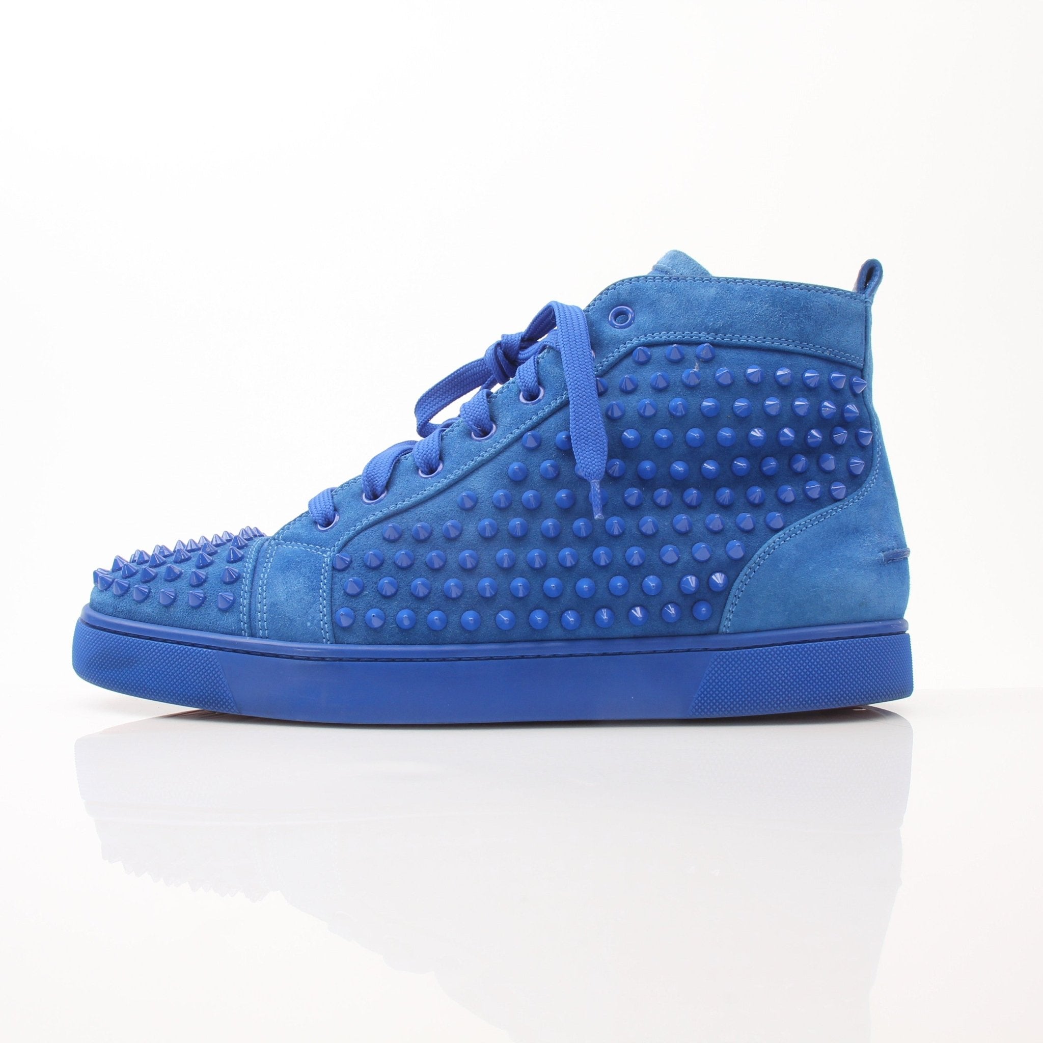 Christian Louboutin men's Louis flat high top sneakers in black leather with red soles and gold accents, stylish and luxury shoes.
