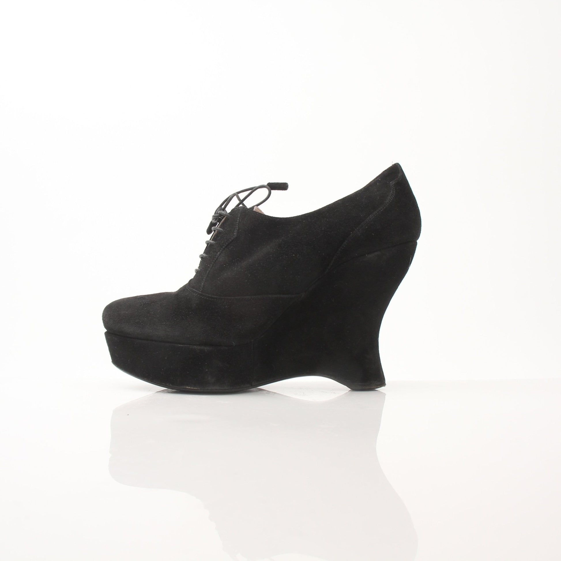 Gold & Beyond Prada women’s suede platform wedge ankle boots with chunky heel and ankle height, stylish and comfortable shoes.