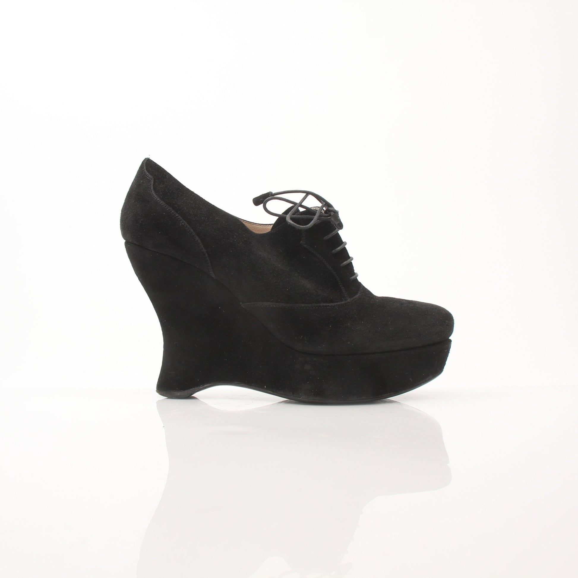 Prada women's suede platform wedge ankle boots in beige with chunky heel and ankle strap, stylish and modern footwear.