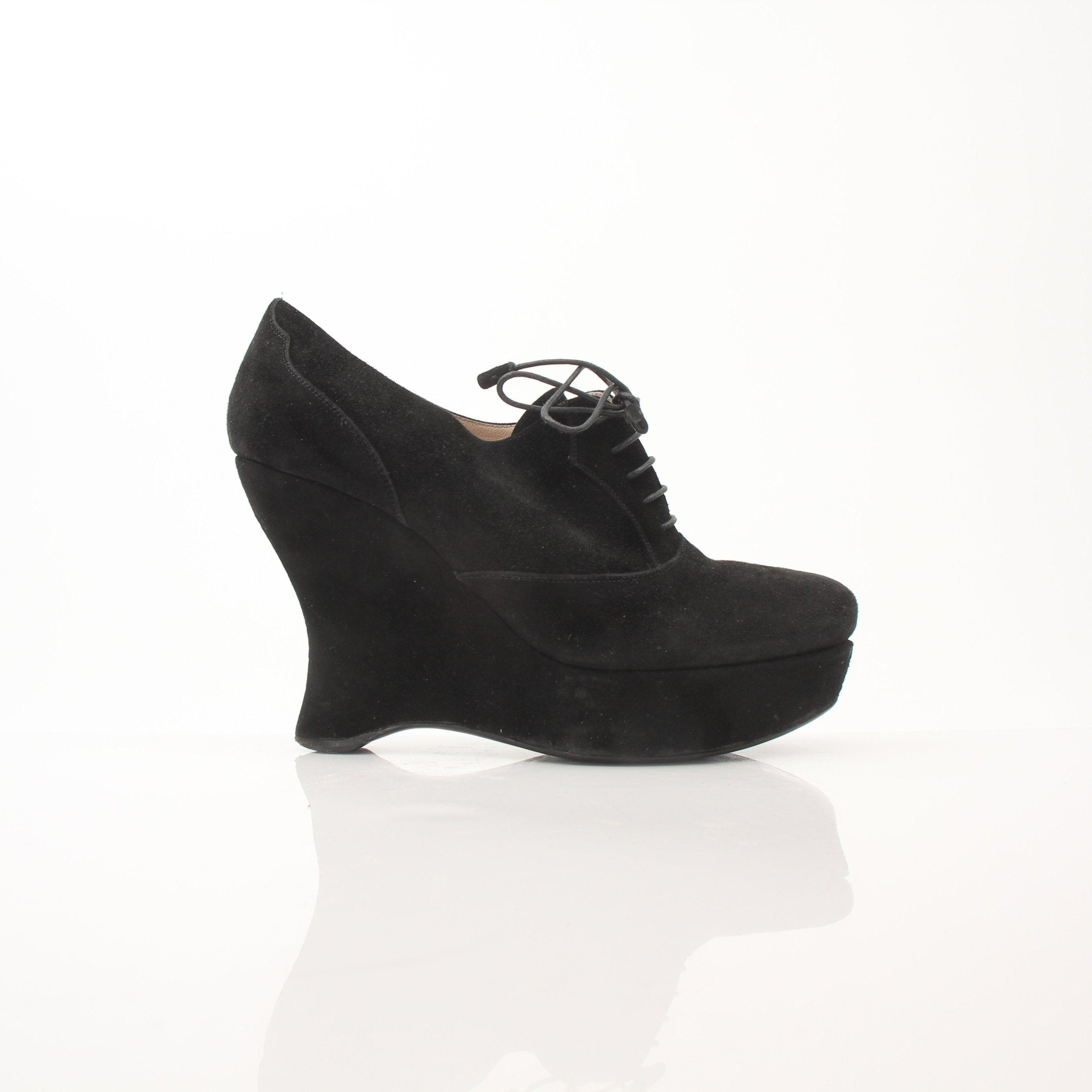 Prada women's suede platform wedge ankle boots in beige with chunky heel and ankle strap, stylish and modern footwear.