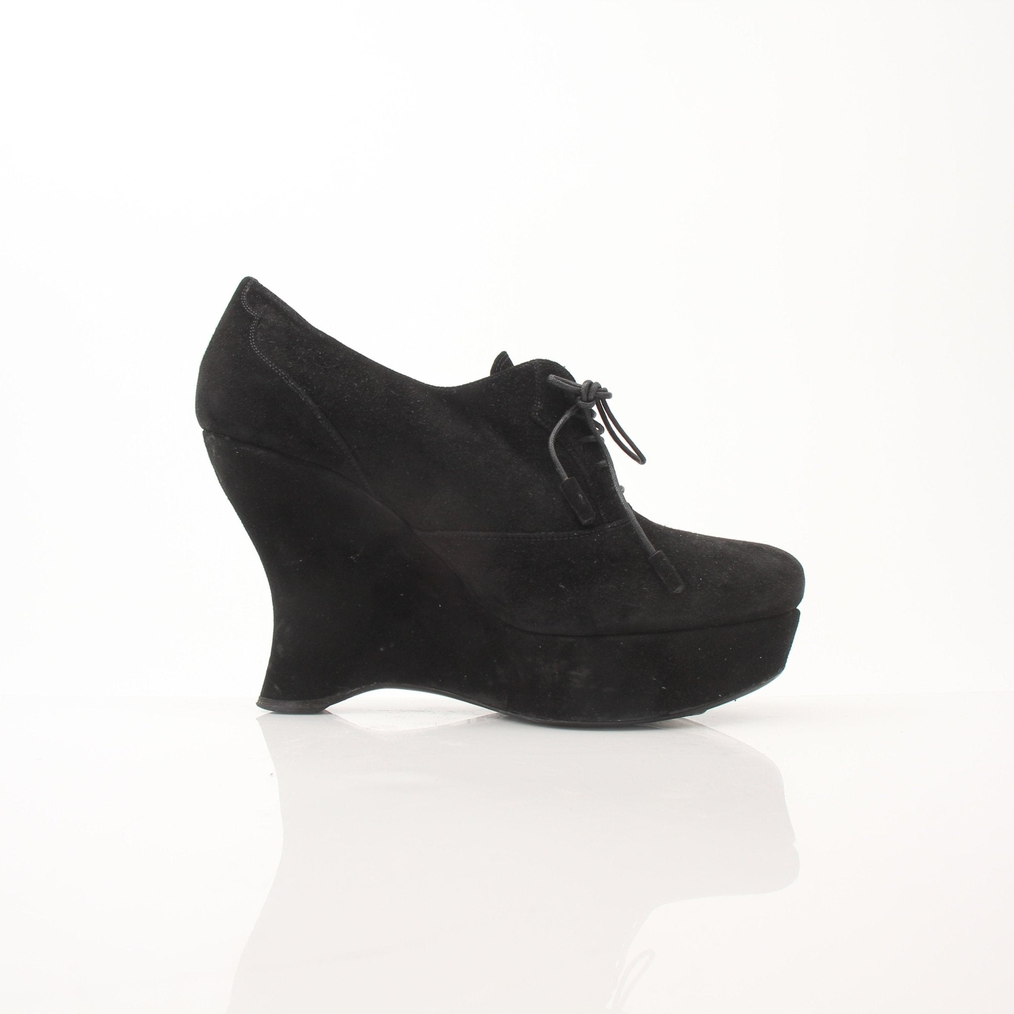 Gold & Beyond Prada women's suede platform wedge ankle boots, stylish shoes with chunky heels and ankle height.