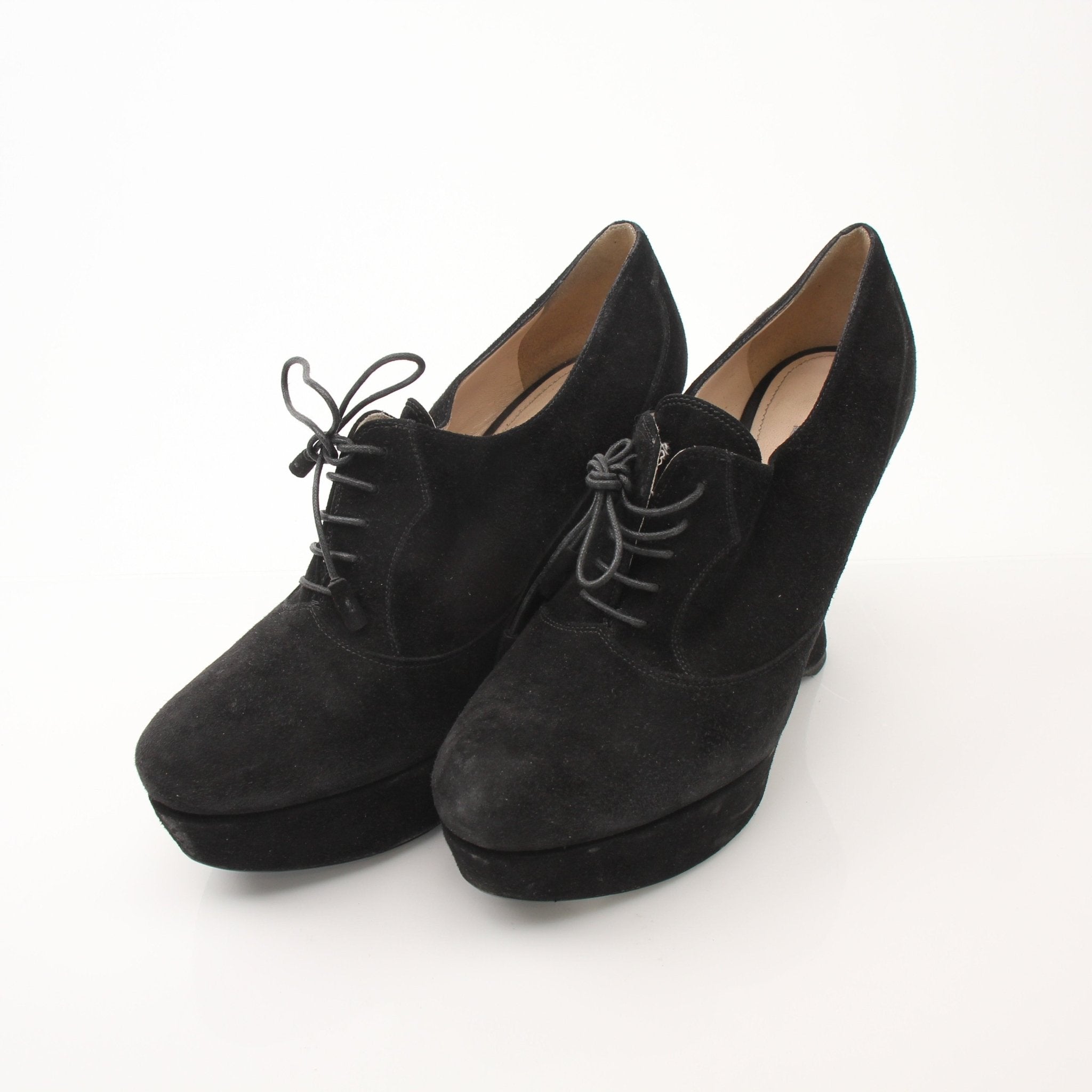 Gold & Beyond Prada women’s suede platform wedge ankle boots with rounded toe and chunky heel, stylish footwear for women.