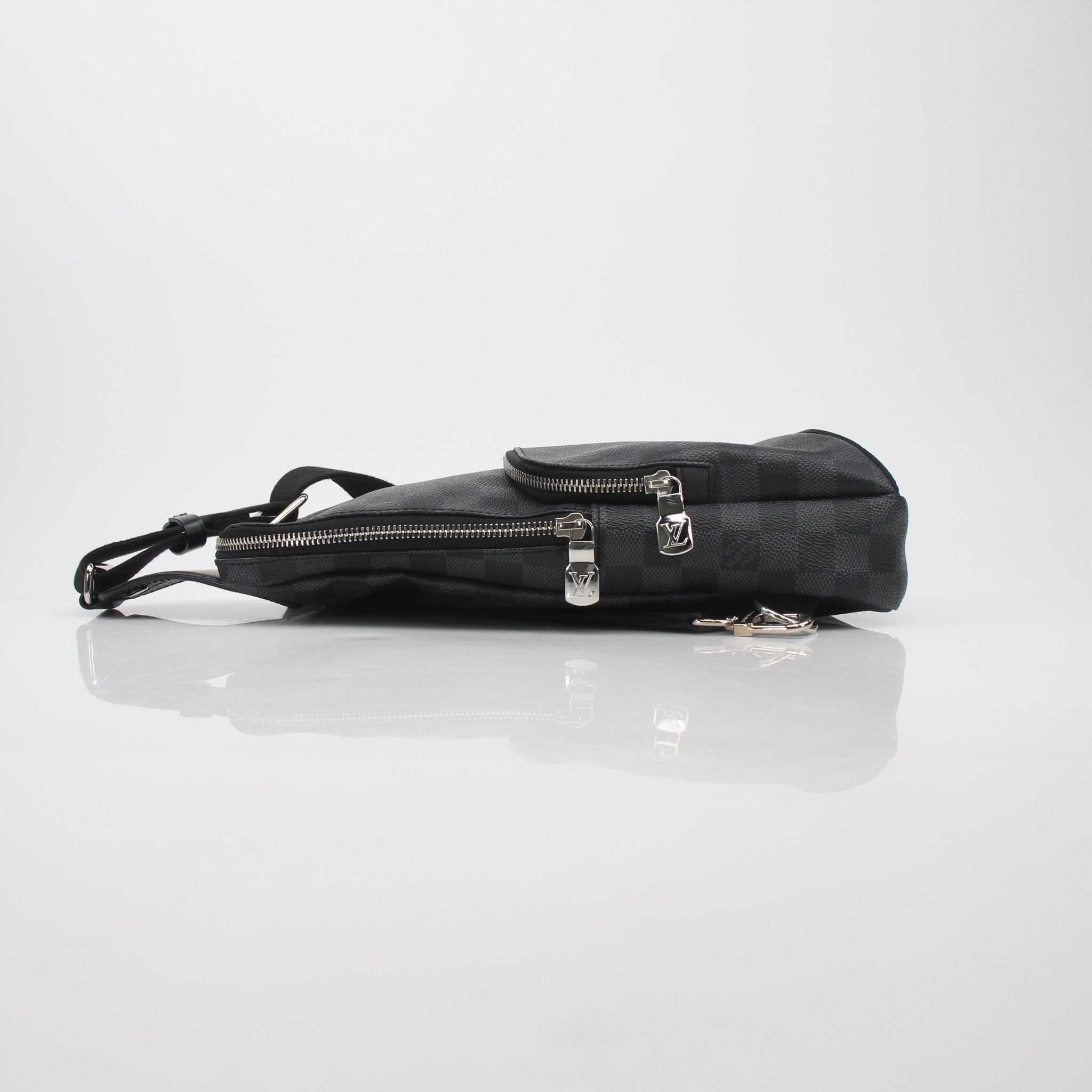 Louis Vuitton Damier Graphite Avenue Sling Bag handbag with adjustable strap and signature checkered pattern, front zipper pocket.