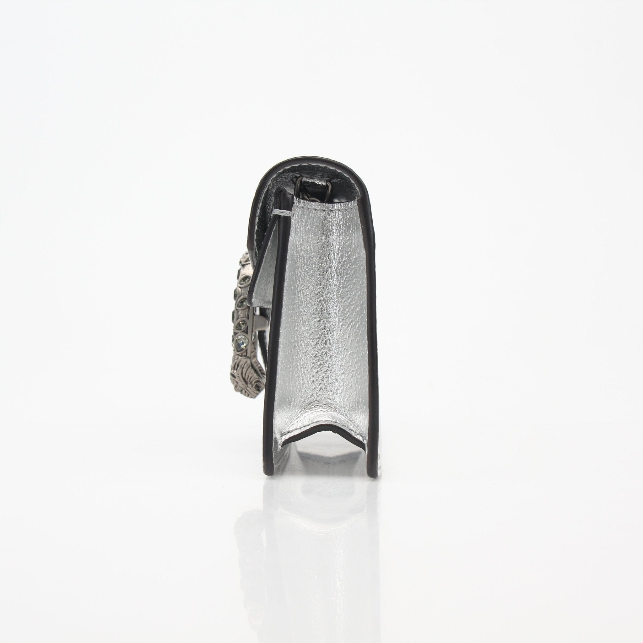 Silver metallic Gucci Dionysus super mini shoulder handbag with silver hardware, featuring a structured design and top handle.
