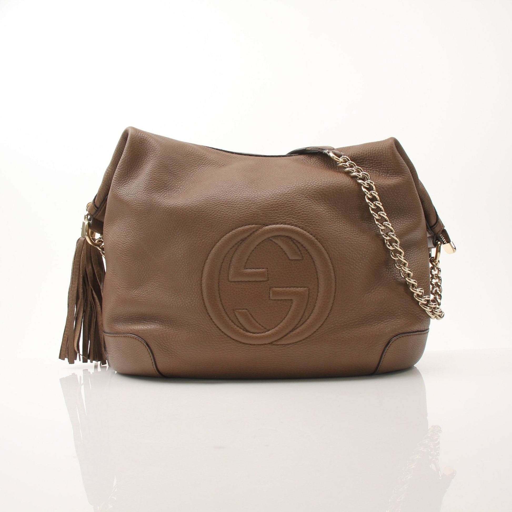 Gucci Soho Chain Shoulder Bag with gold chain strap and leather body, stylish handbag by Gold & Beyond.