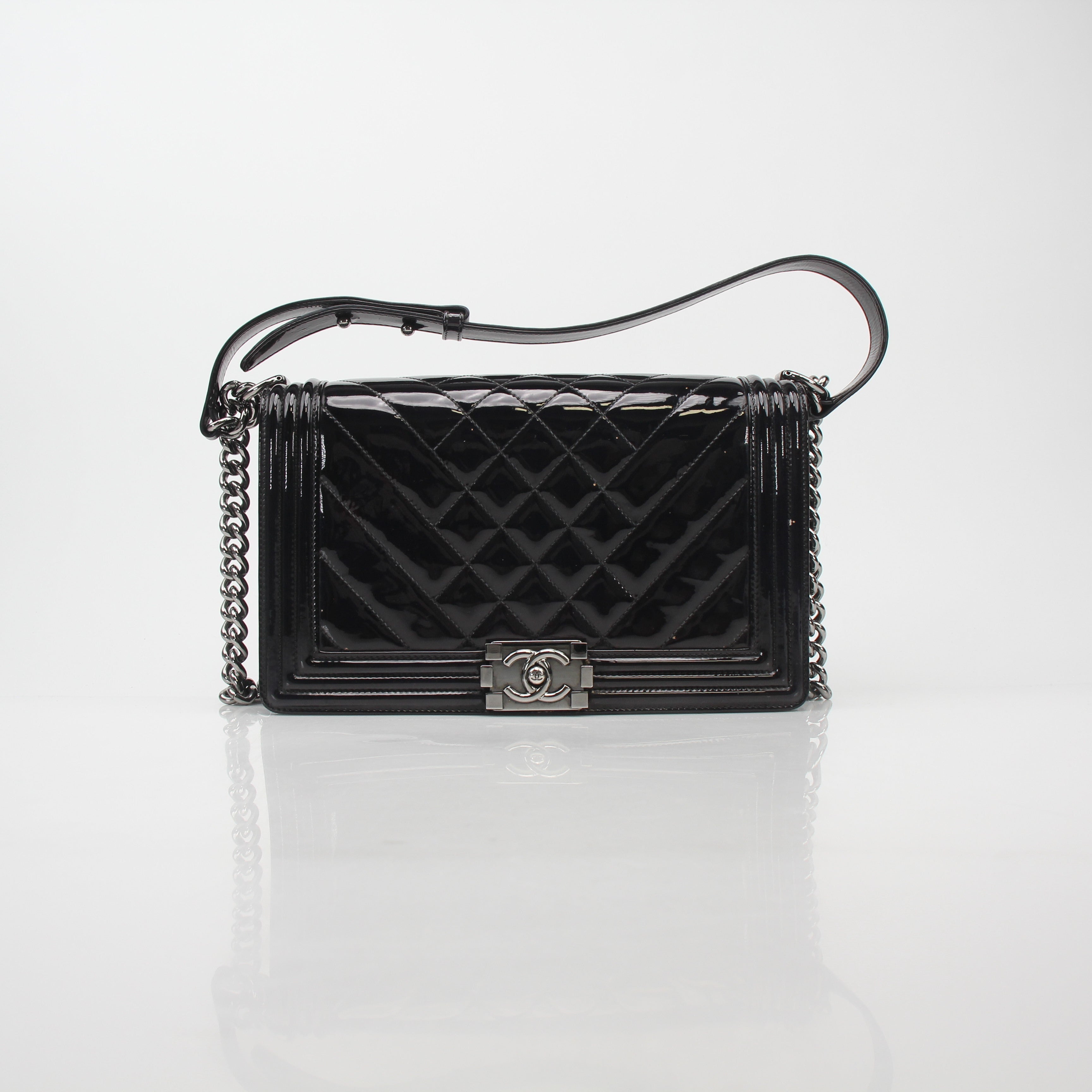 Chanel Black Patent Quilted Boy Flap Bag