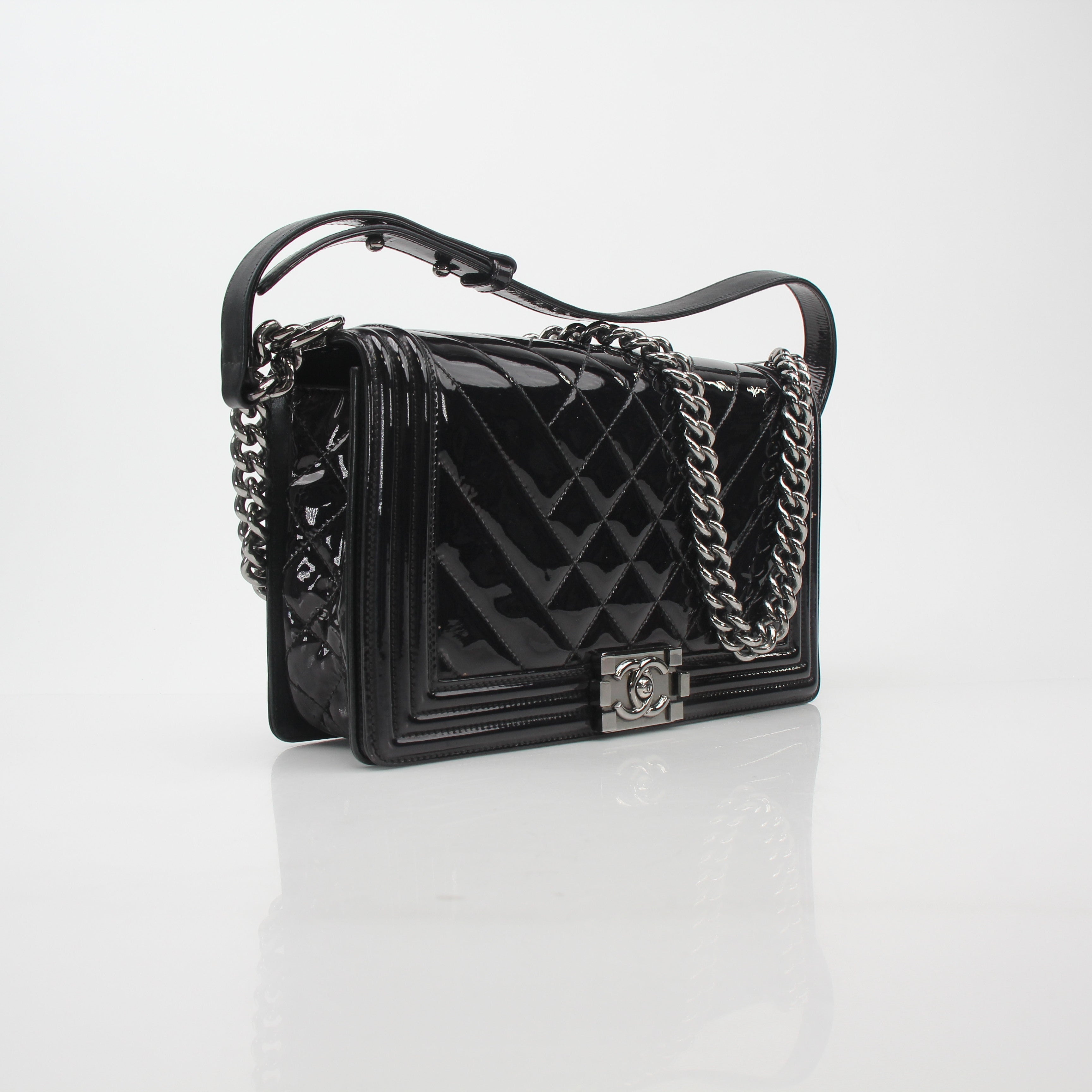 Chanel Black Patent Quilted Boy Flap Bag