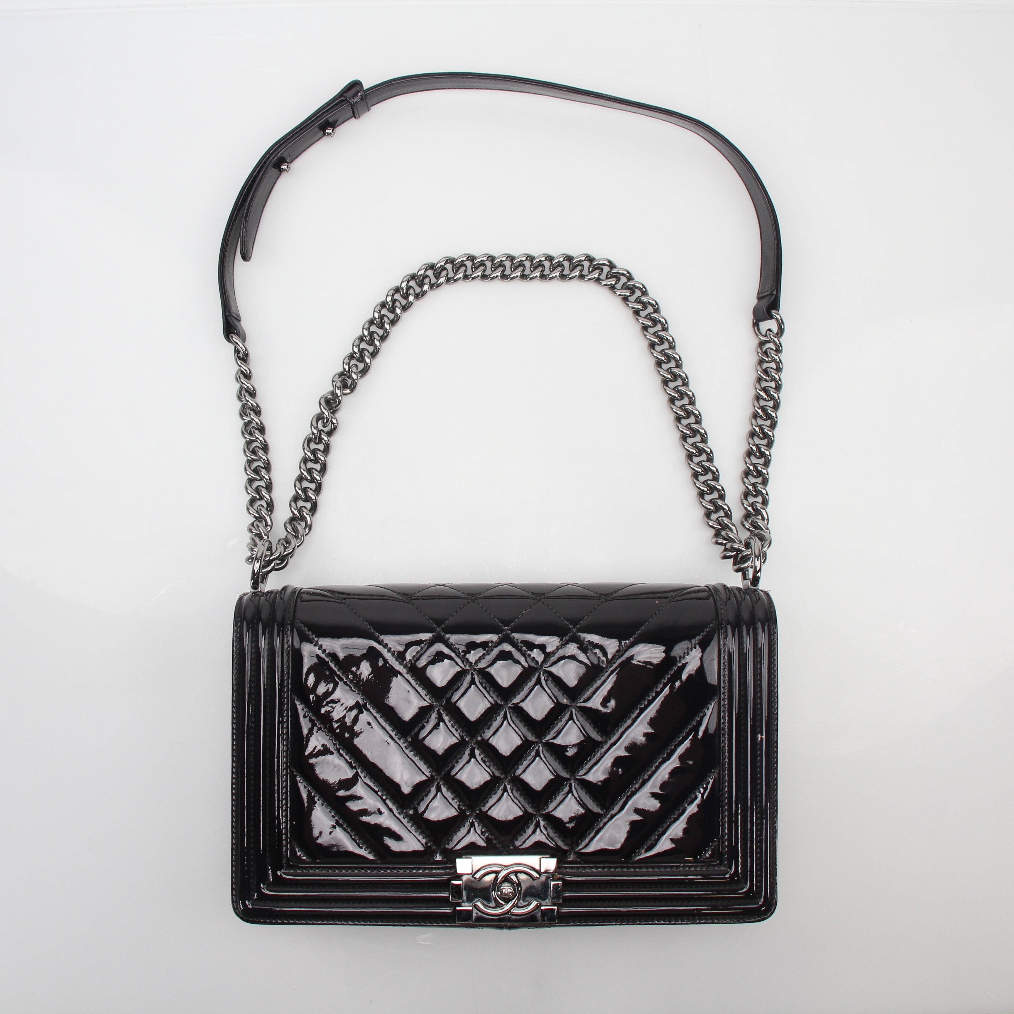 Chanel Black Patent Quilted Boy Flap Bag