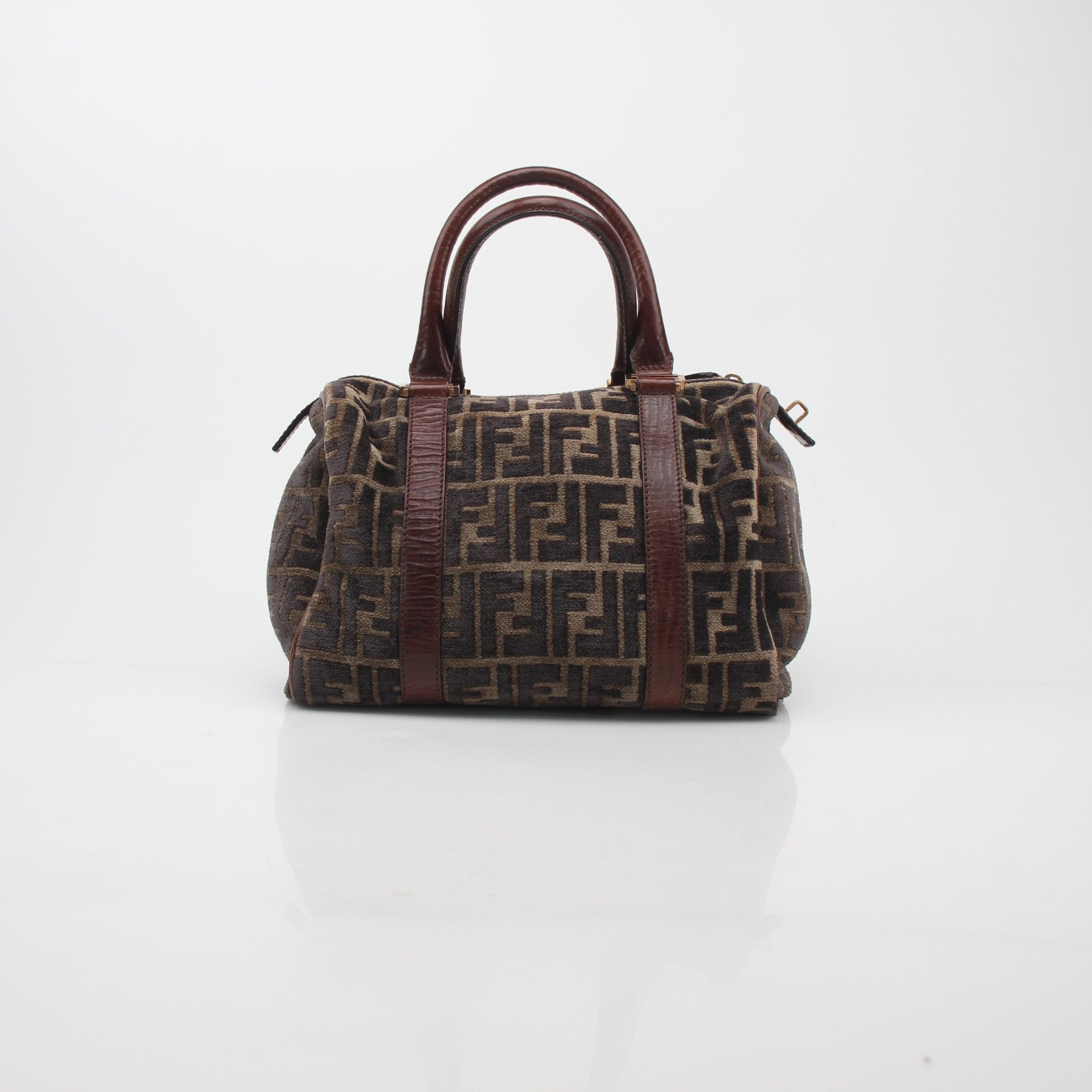 Fendi brown Zucca velour Boston handbag with gold-tone hardware and top handles, showcasing luxurious designer craftsmanship.