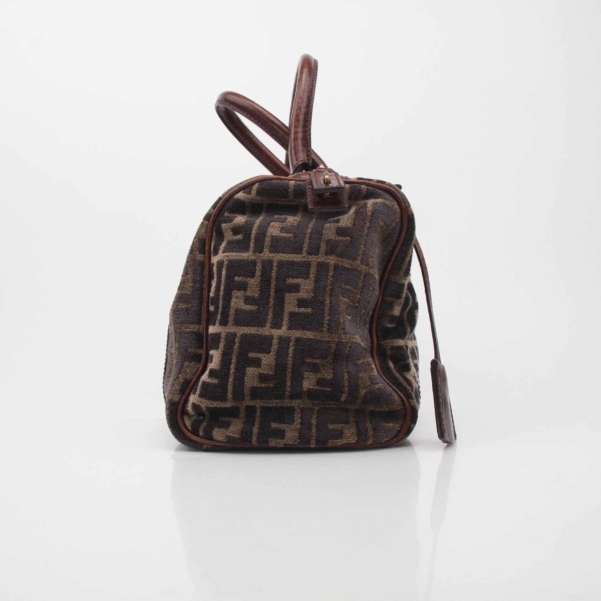 Fendi brown Zucca velour Boston handbag with leather handles and gold-tone hardware, displayed on a neutral background.