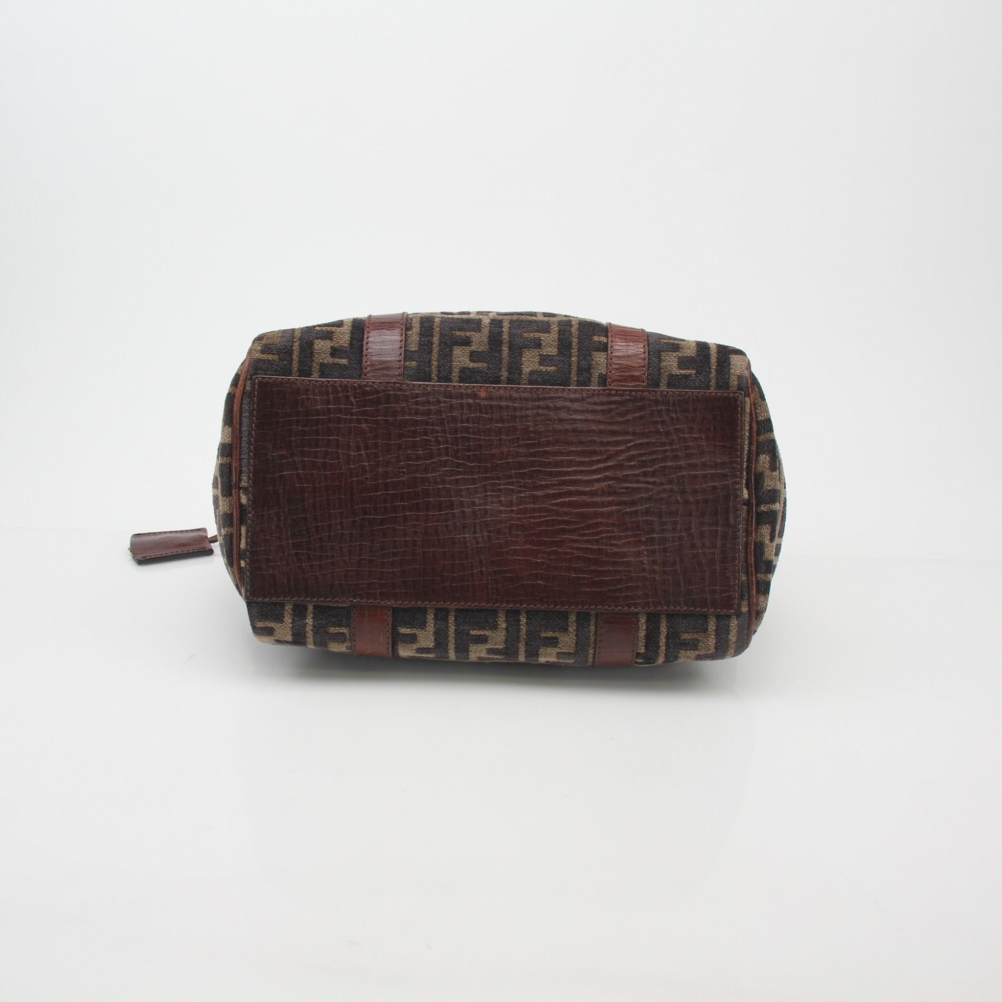 Fendi brown Zucca velour Boston handbag with gold accents, featuring a structured shape and signature pattern.