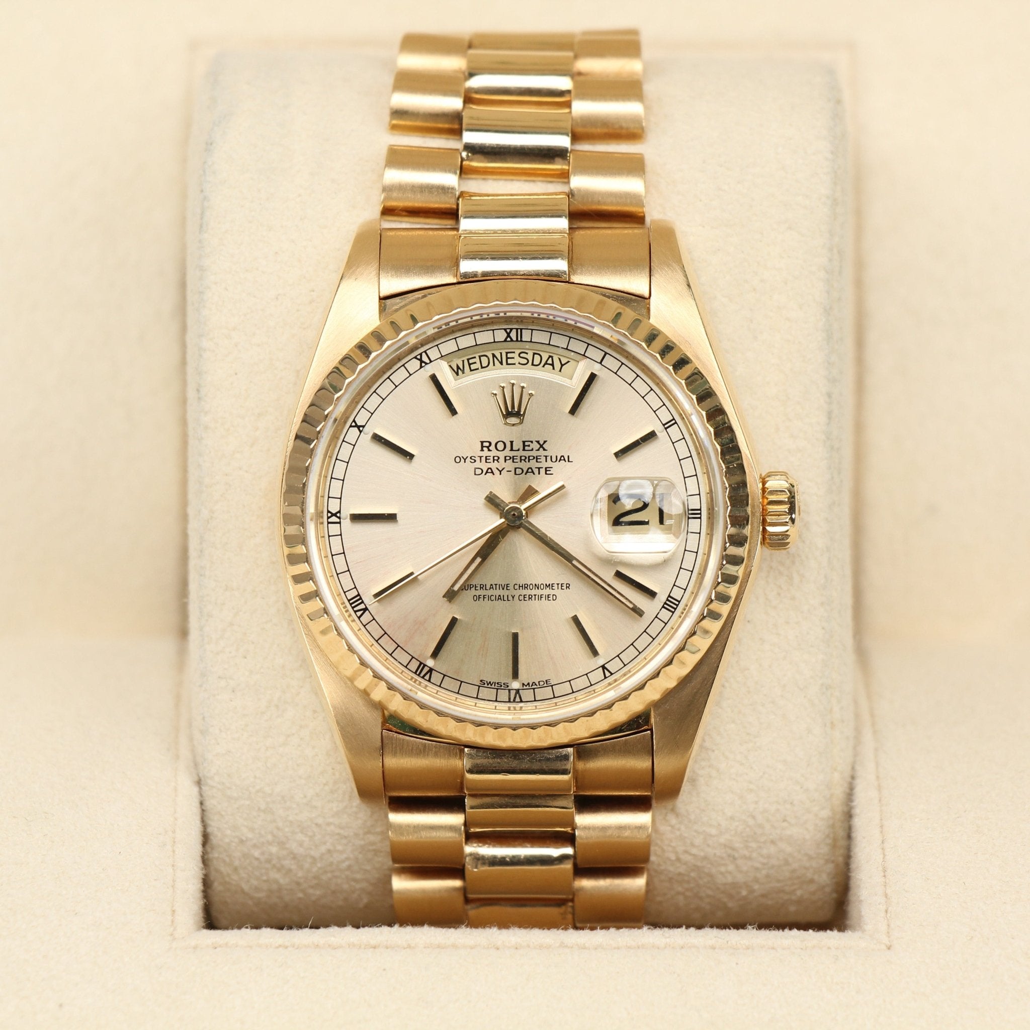 Gold and Beyond Rolex Day-Date 36 gold watch with a classic design and elegant gold finish.