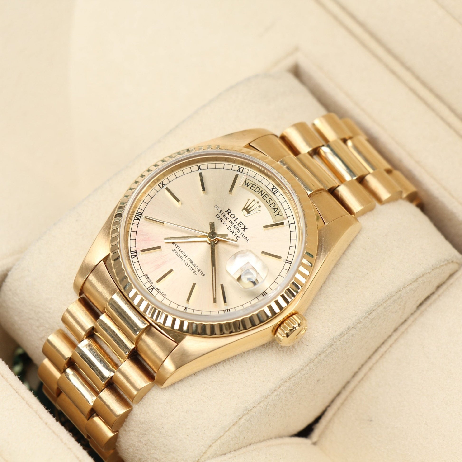 Rolex Day-Date 36 gold watch with gold bracelet and classic dial, premium luxury timepiece by Gold & Beyond.