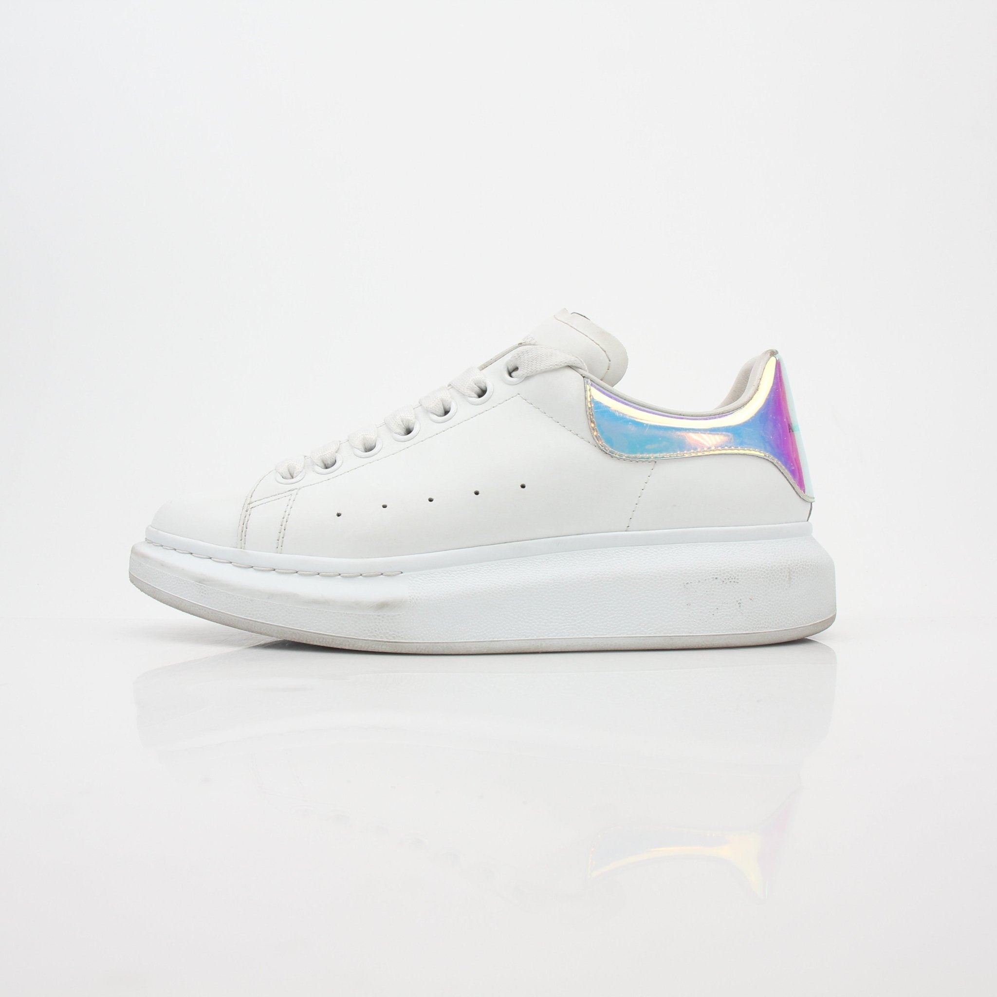 Alexander McQueen white oversized iridescent heel sneakers with chunky soles and stylish design, perfect for trendy casual wear.