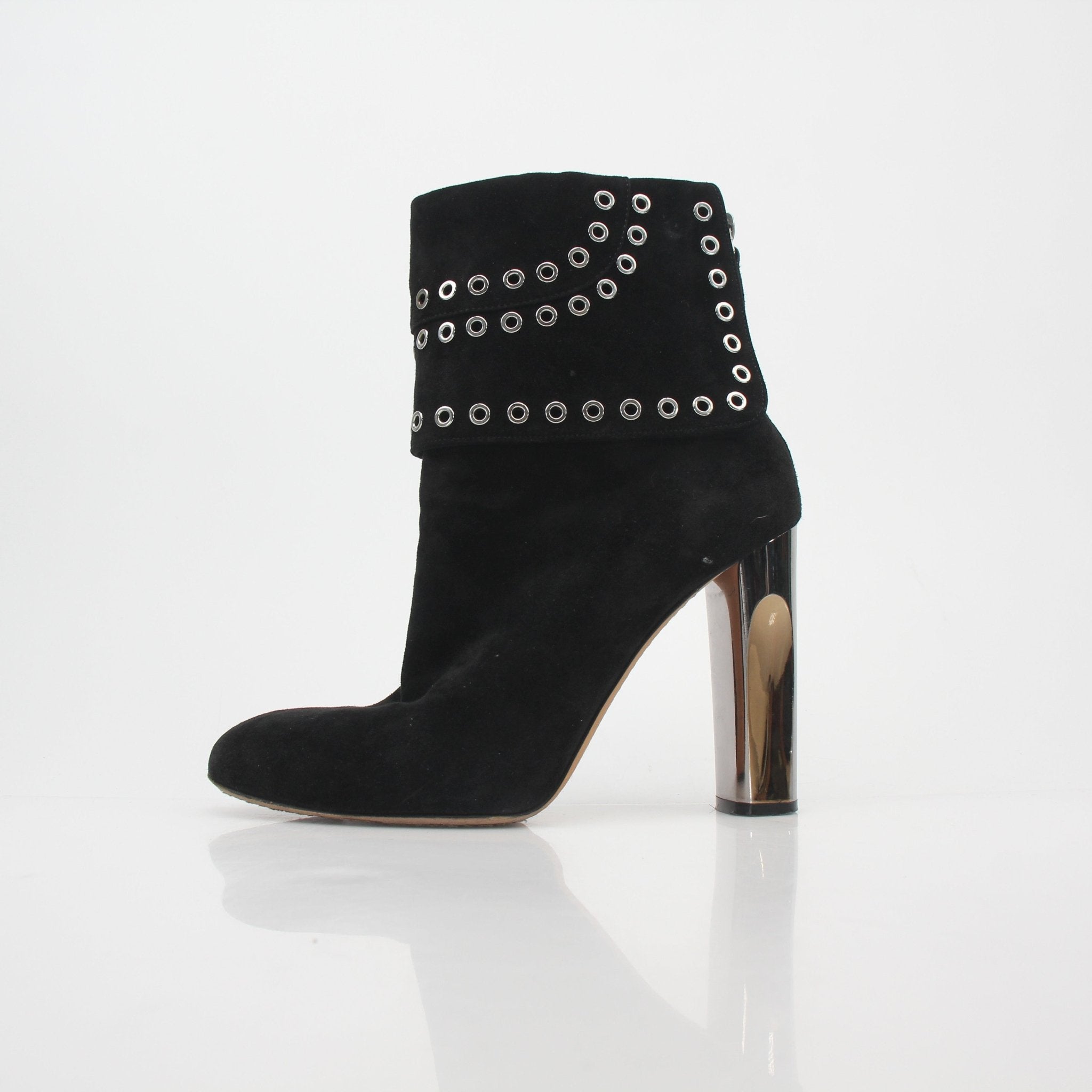 Alexander McQueen black grommet fold-over ankle boots, stylish leather shoes with metal eyelet details and a sleek design