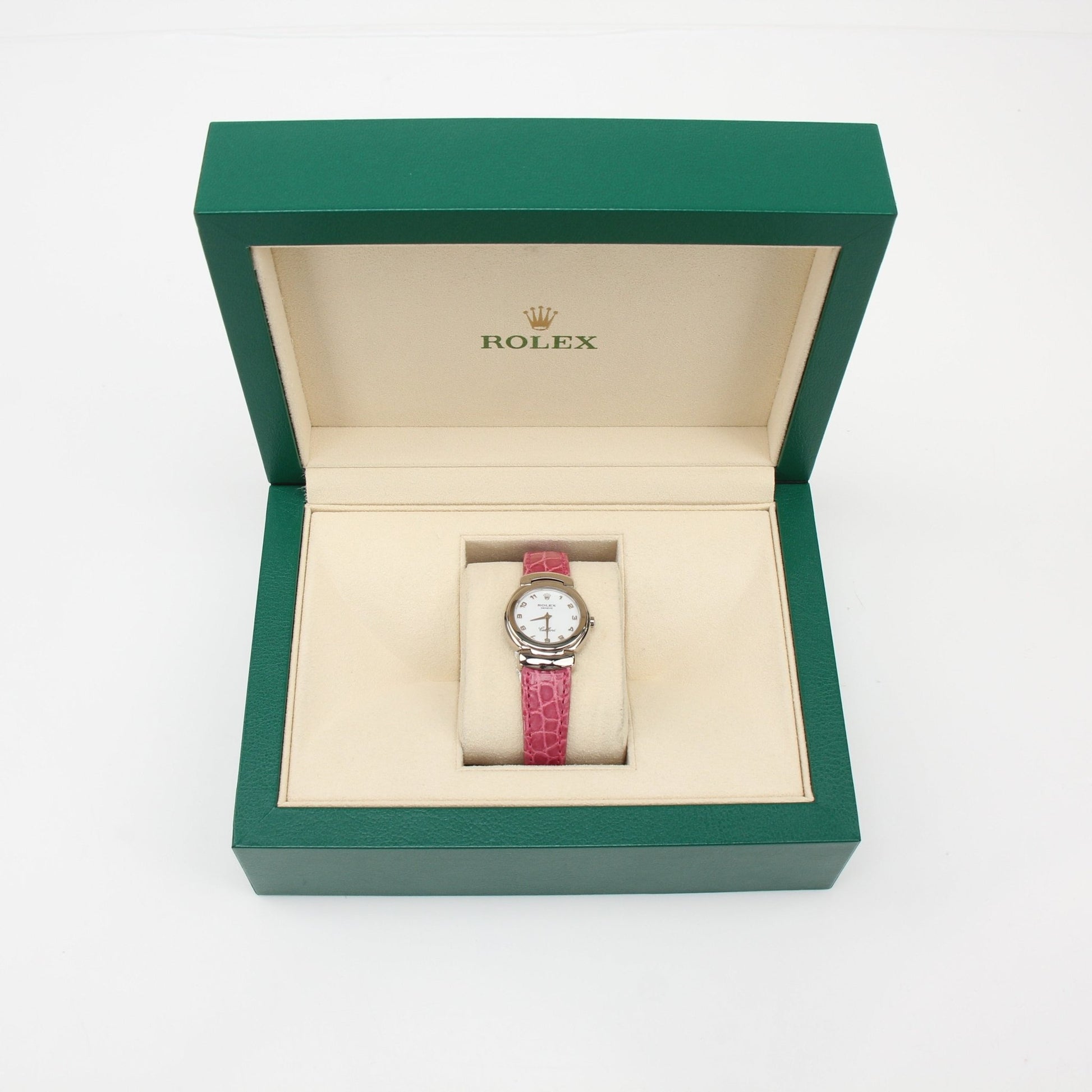 Rolex Cellini watch with gold case and leather strap, elegant timepiece showcasing classic design and luxury craftsmanship.