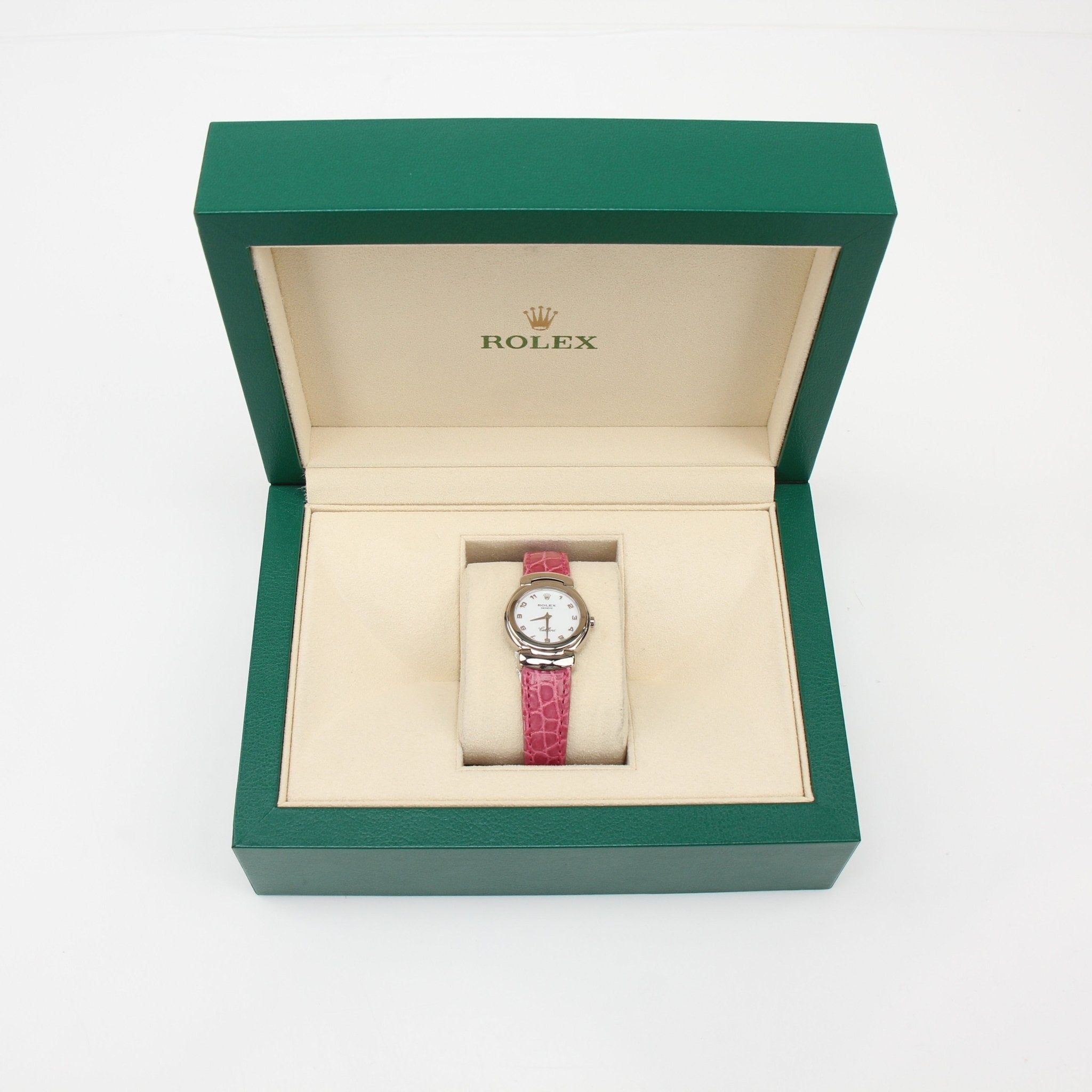 Rolex Cellini watch with gold case and leather strap, elegant timepiece showcasing classic design and luxury craftsmanship.