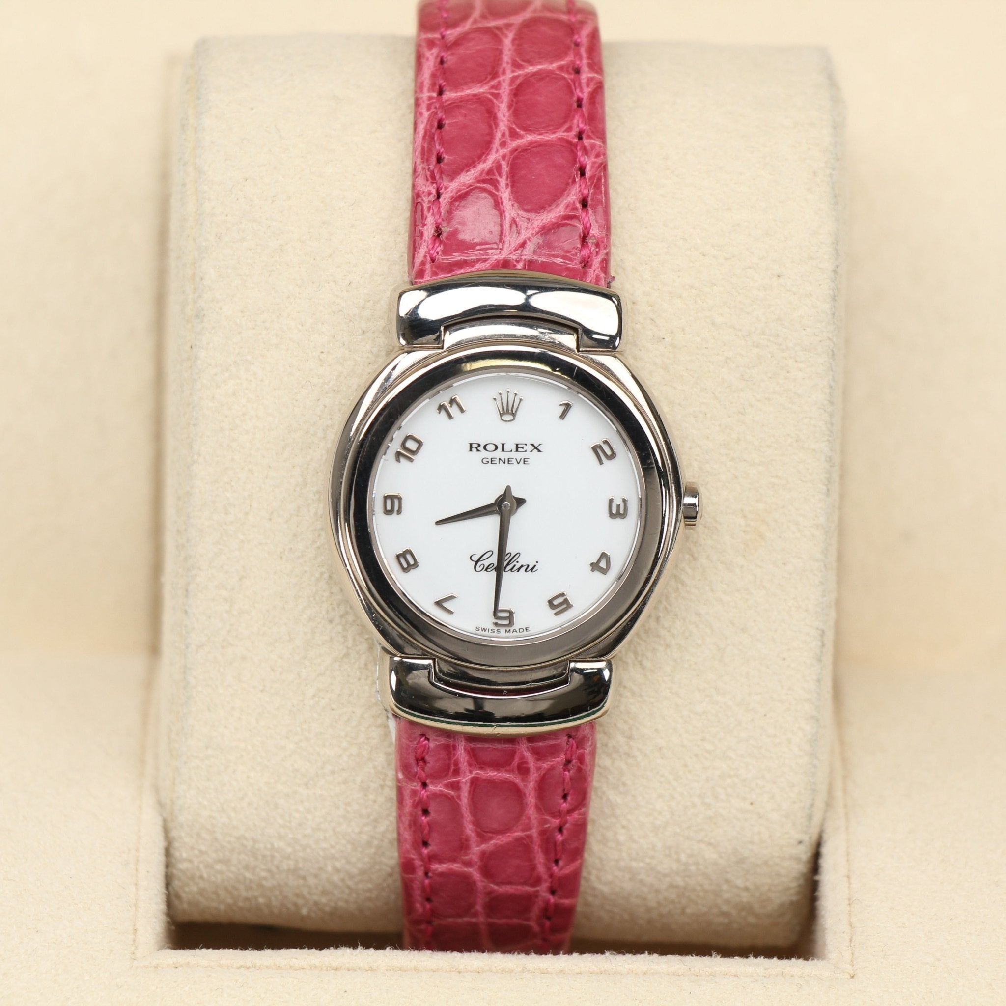 Gold & Beyond Rolex Cellini watch with a sleek design, featuring a round dial and elegant leather strap.