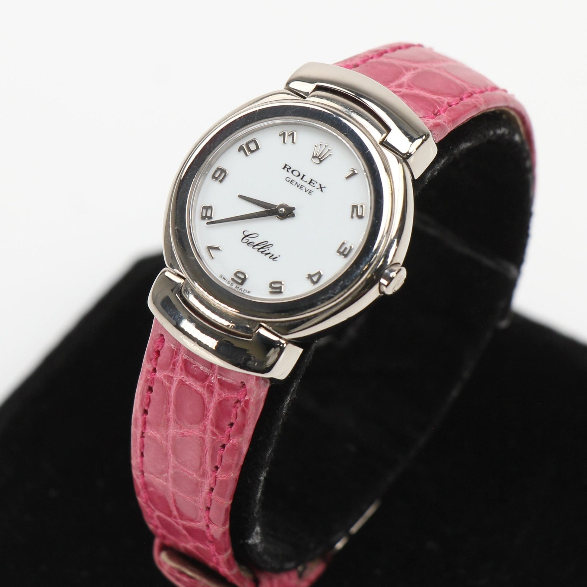 Close-up of a Rolex Cellini watch with a gold band and elegant dial, showcasing luxury watch craftsmanship by Gold & Beyond.
